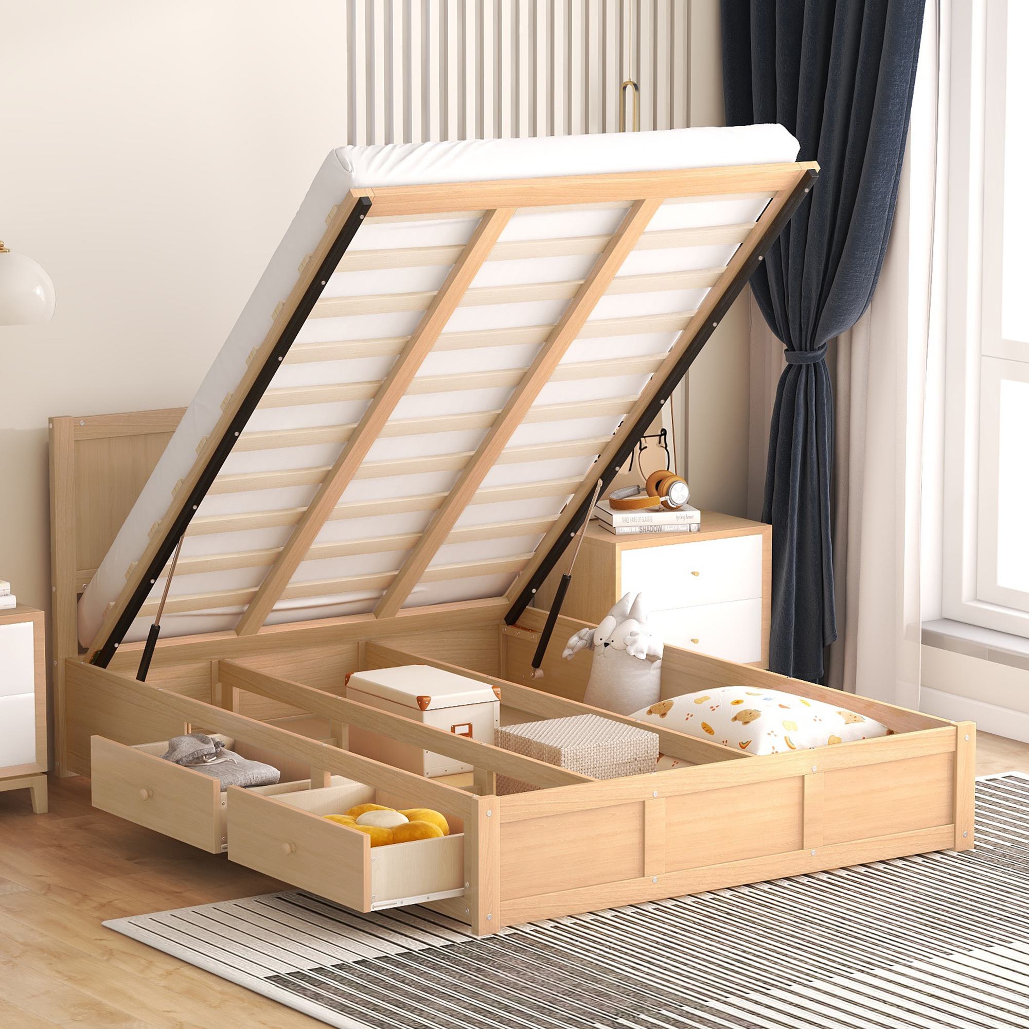 Full Size Wood Platform Bed with Underneath Storage, 2 Drawers, and Sturdy Wood Frame, 78" L x 57.5" W x 37.5" H, Natural