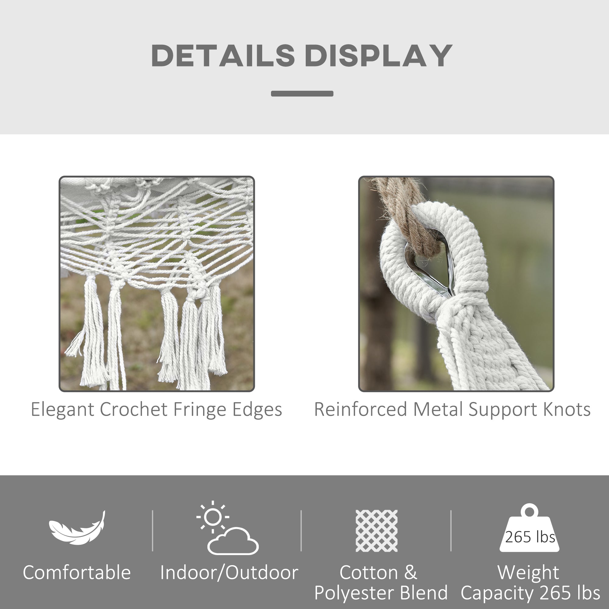 Extra Large Boho Hammock with Macrame Tassel Fringe, Includes Carrying Bag, Indoor Outdoor Tree Hammock, White