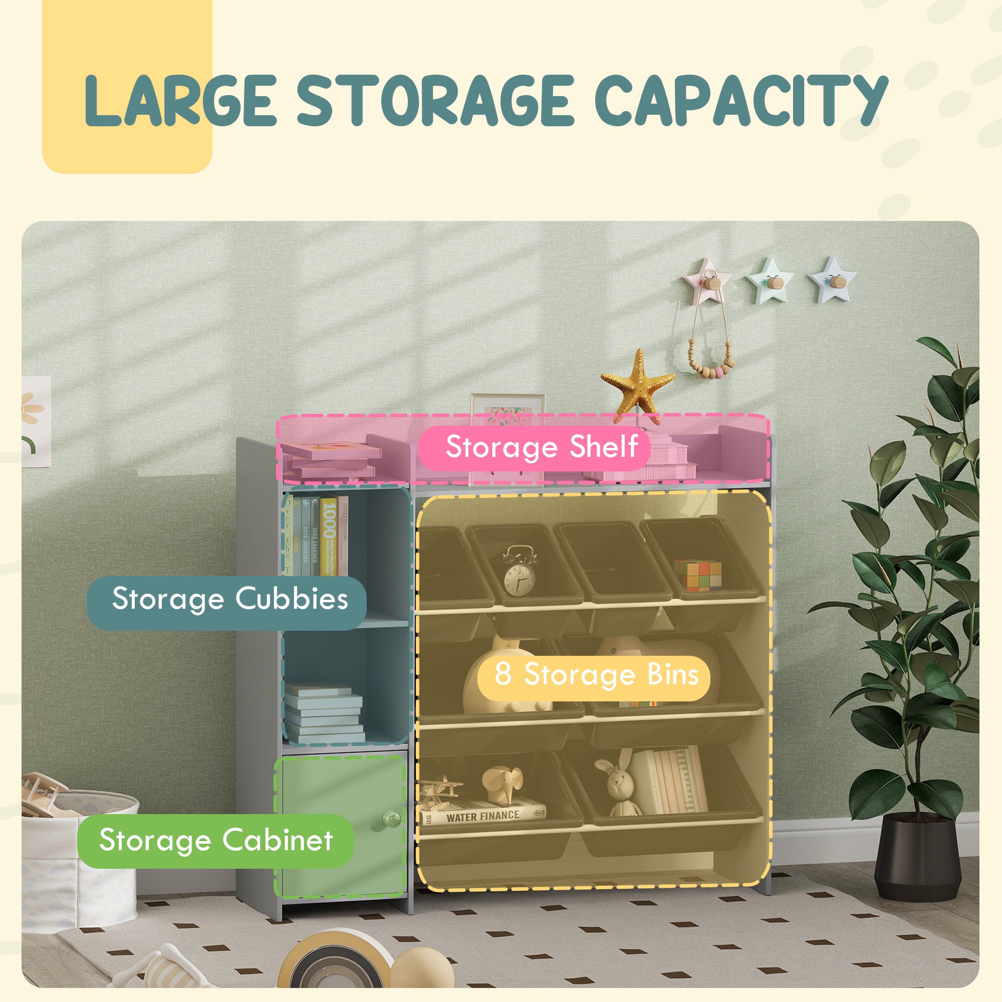 Toy Storage Organizer with 8 Bins, 2 Storage Cubbies, Shelf, Drawer, Gray