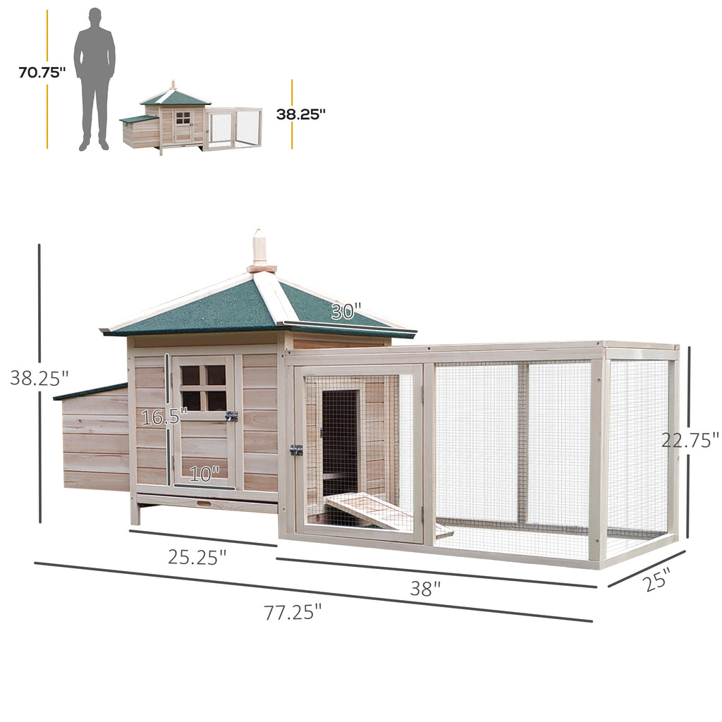 77" Wooden Chicken Coop with Nesting Box, Cute Outdoor Hen House with Removable Tray, Ramp Run, for Garden Backyard, Natural
