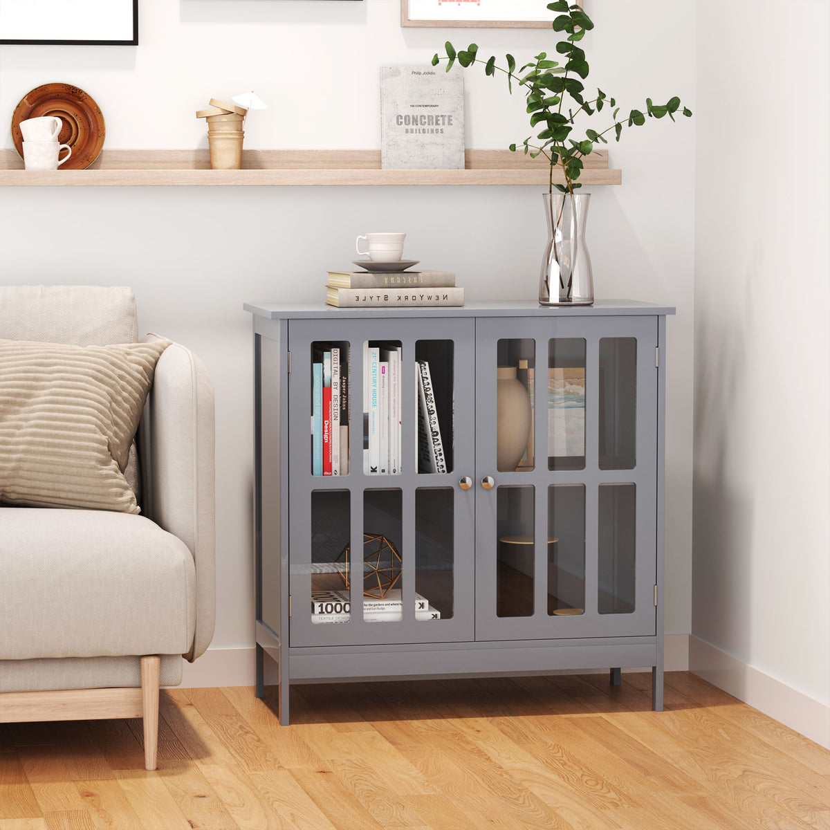 Contemporary Storage Cabinet, Cupboard Buffet Credenza with 2 Doors for Kitchen, Hallway, Living Room, Gray