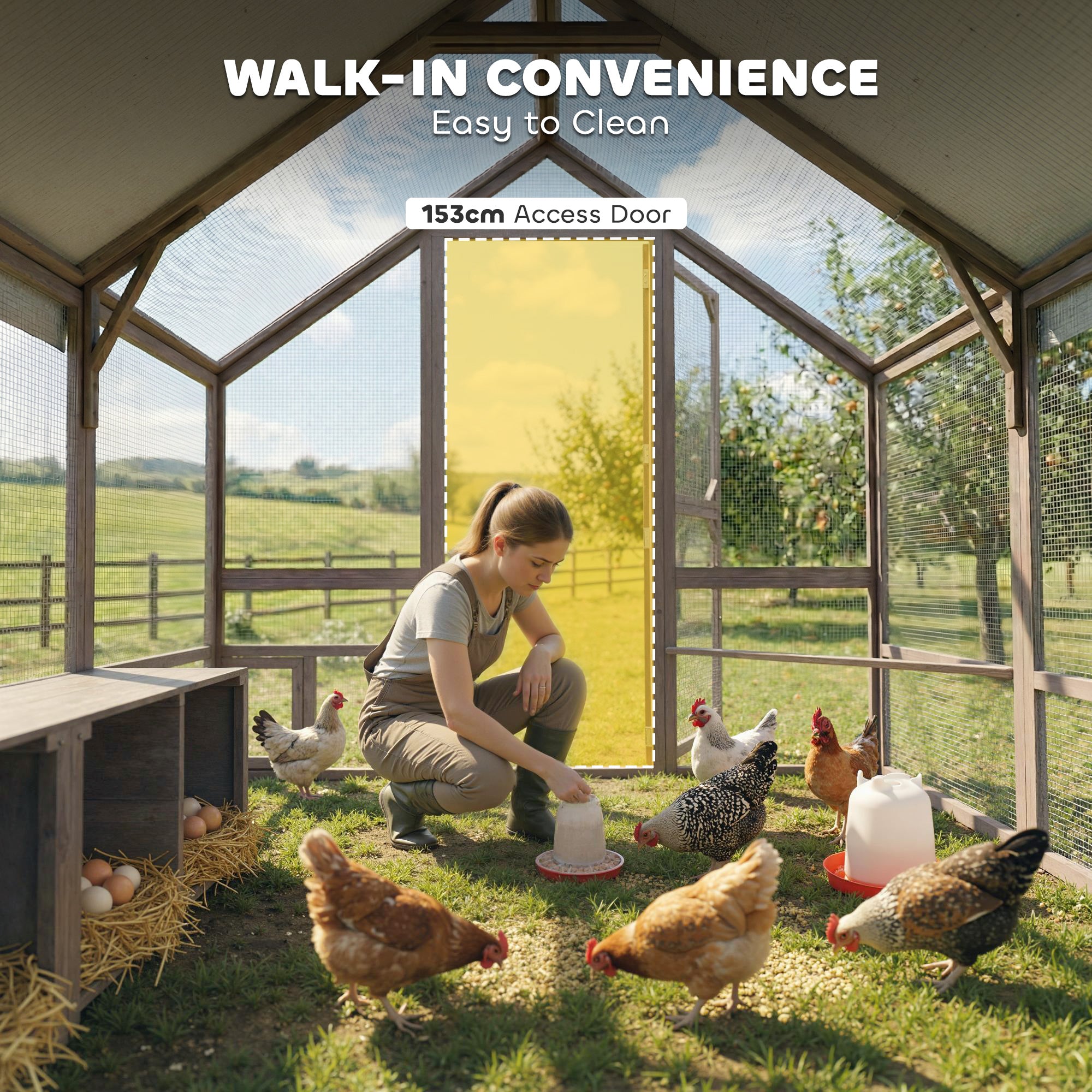 Large Wooden Chicken Coop for 8-10 Hens, Walk-in Chicken Run with Waterproof Cover, Nesting Boxes and Perches