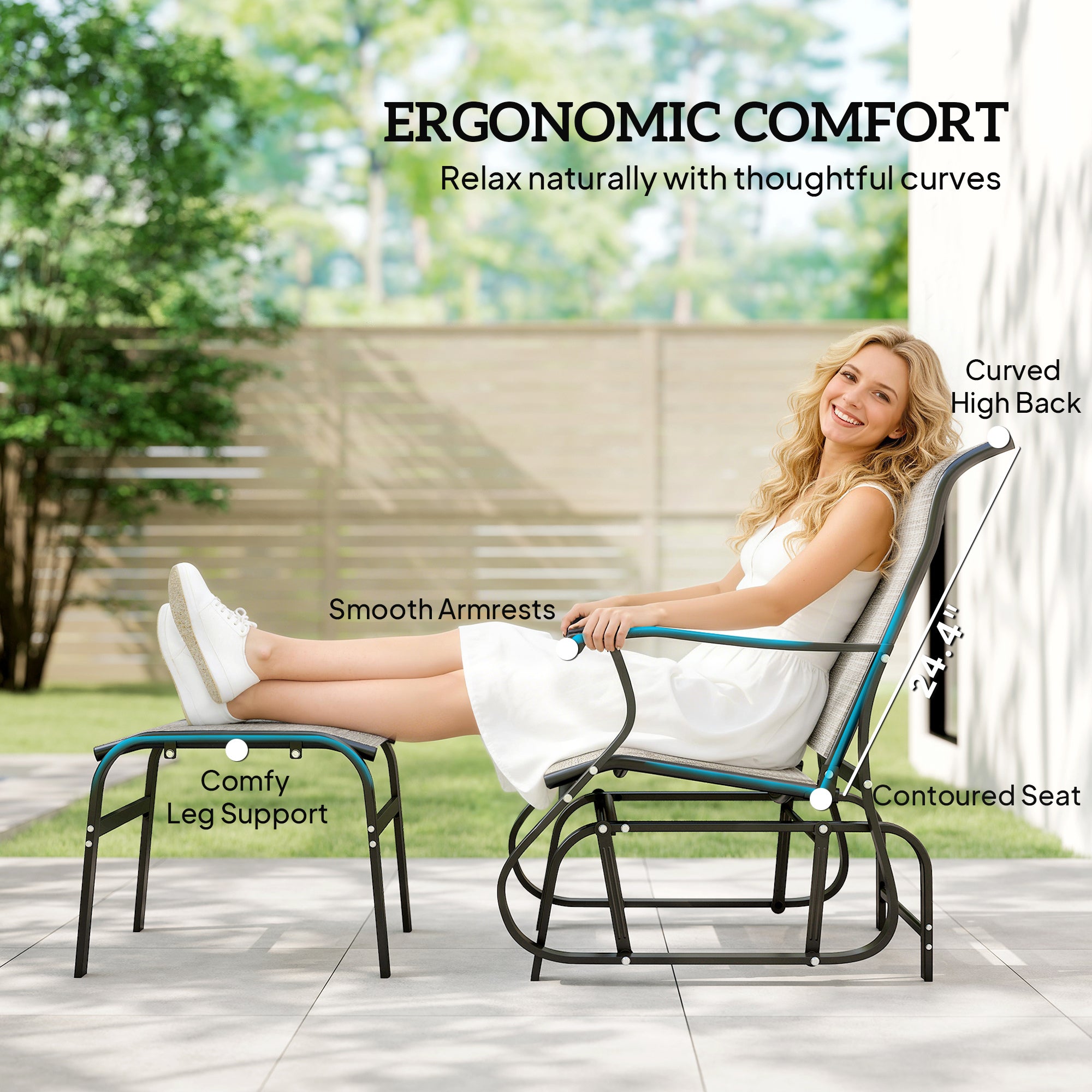 Outdoor Glider with Ottoman, Patio Glider Chair Set with High Back, Wide Seat for Porch, Garden, Backyard, Gray