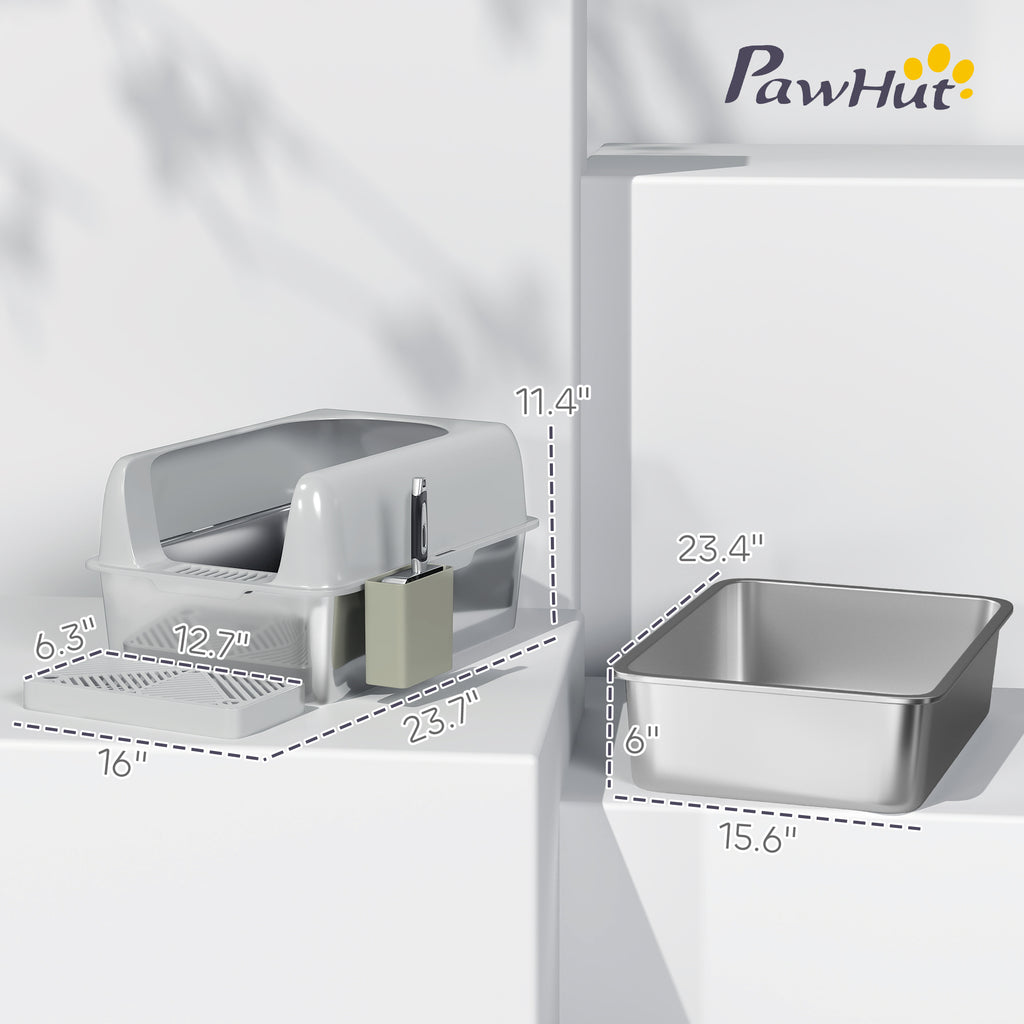 2 Pack High Sided Stainless Steel Litter Box with Metal Scoop & Scoop Holder, for Anti-Urine Leakage, Light Gray