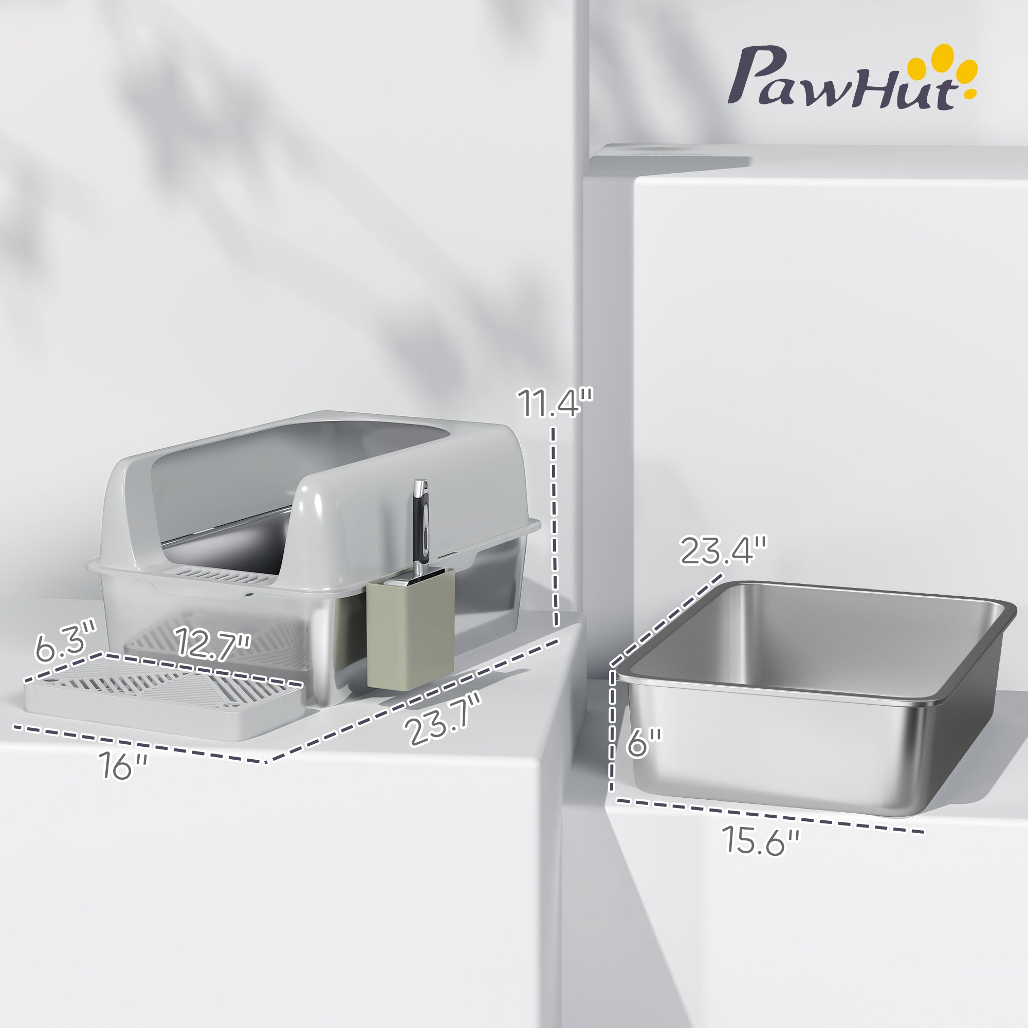 2 Pack High Sided Stainless Steel Litter Box with Metal Scoop & Scoop Holder, for Anti-Urine Leakage, Light Gray