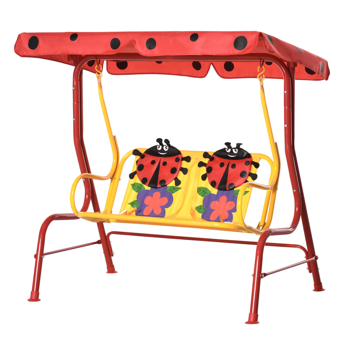 Kids Patio Swing, Adjustable Canopy Swing Glider, Kids Outdoor Swing Chair with 2 Seats, Seat-Belted Safety, Red