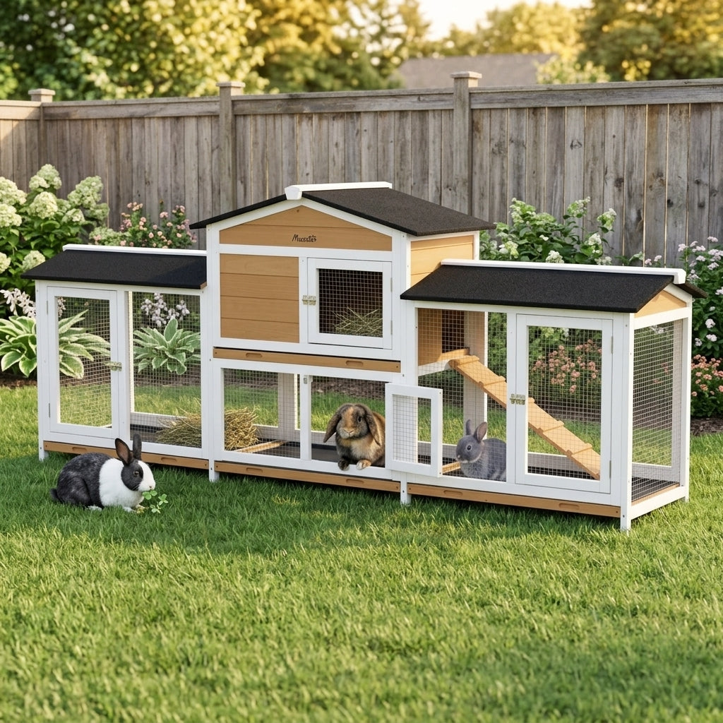 90.5" Wooden Rabbit Hutch Bunny Cage Pet Playpen House Enclosure with Double Side Run Boxes, No Leak Tray, Ramp, for Rabbits, Chickens, Ducks, Guinea Pig and Small Animals, White