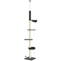 Floor To Ceiling Cat Tree, 5-Tier Cat Climbing Tower, 95''-106'' Height Adjustable with Carpeted Platforms, Cozy Bed, Hammock, Scratching Post & Toy Ball for Indoor Cats, Dark Gray and Cream
