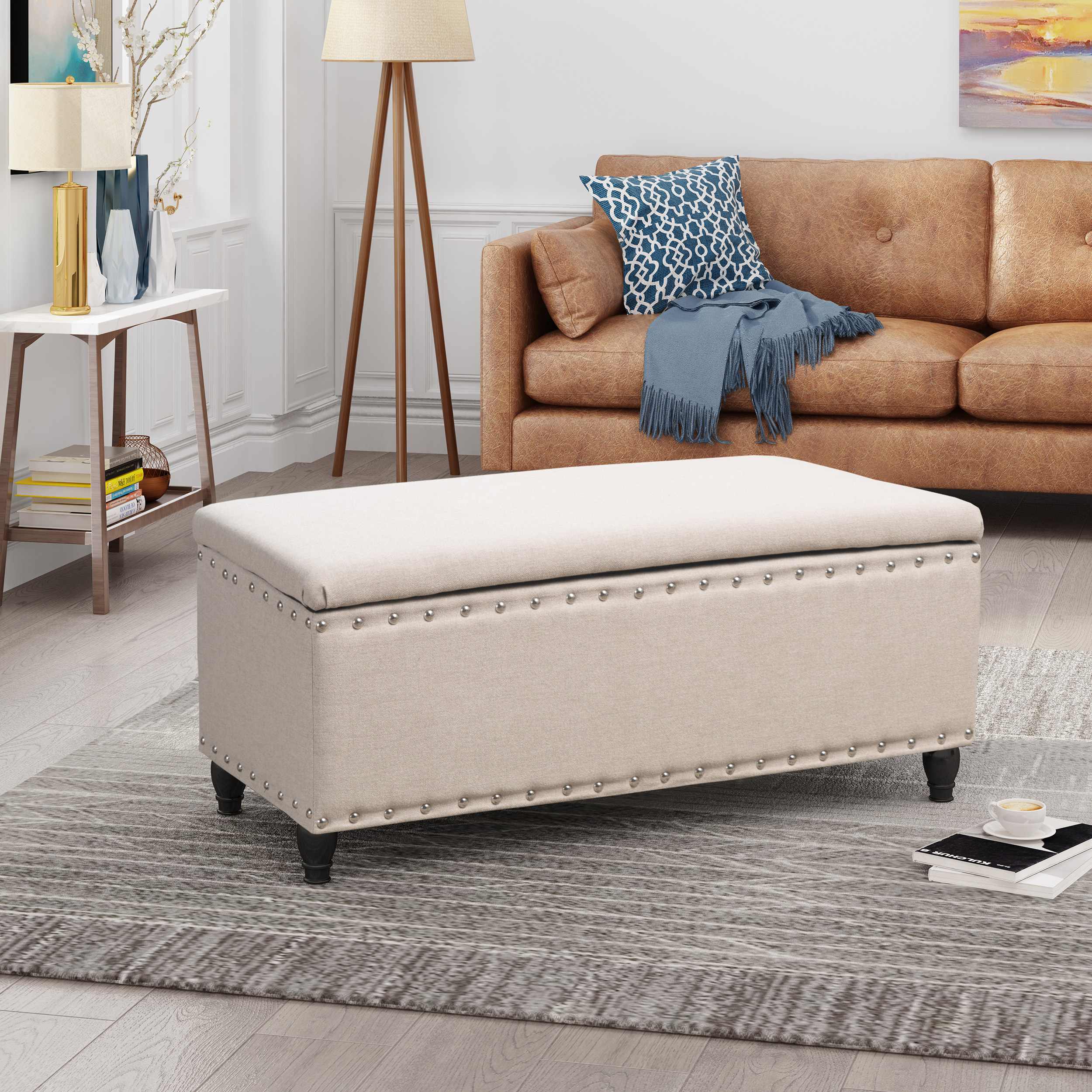 Fabric Storage Ottoman Bench with Solid Wood Construction, Versatile Seating and Storage, 42" L x 18.25" W x 18.25" H, Wheat