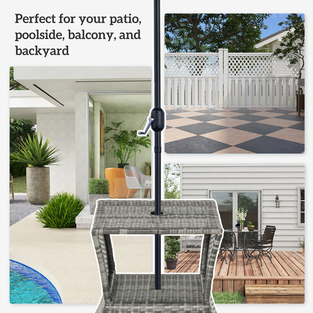 Outdoor Side Table with Umbrella Hole, 2 Tier Rattan Wicker End Table with Storage Shelf, All Weather for Patio, Garden, Backyard, Mixed Gray