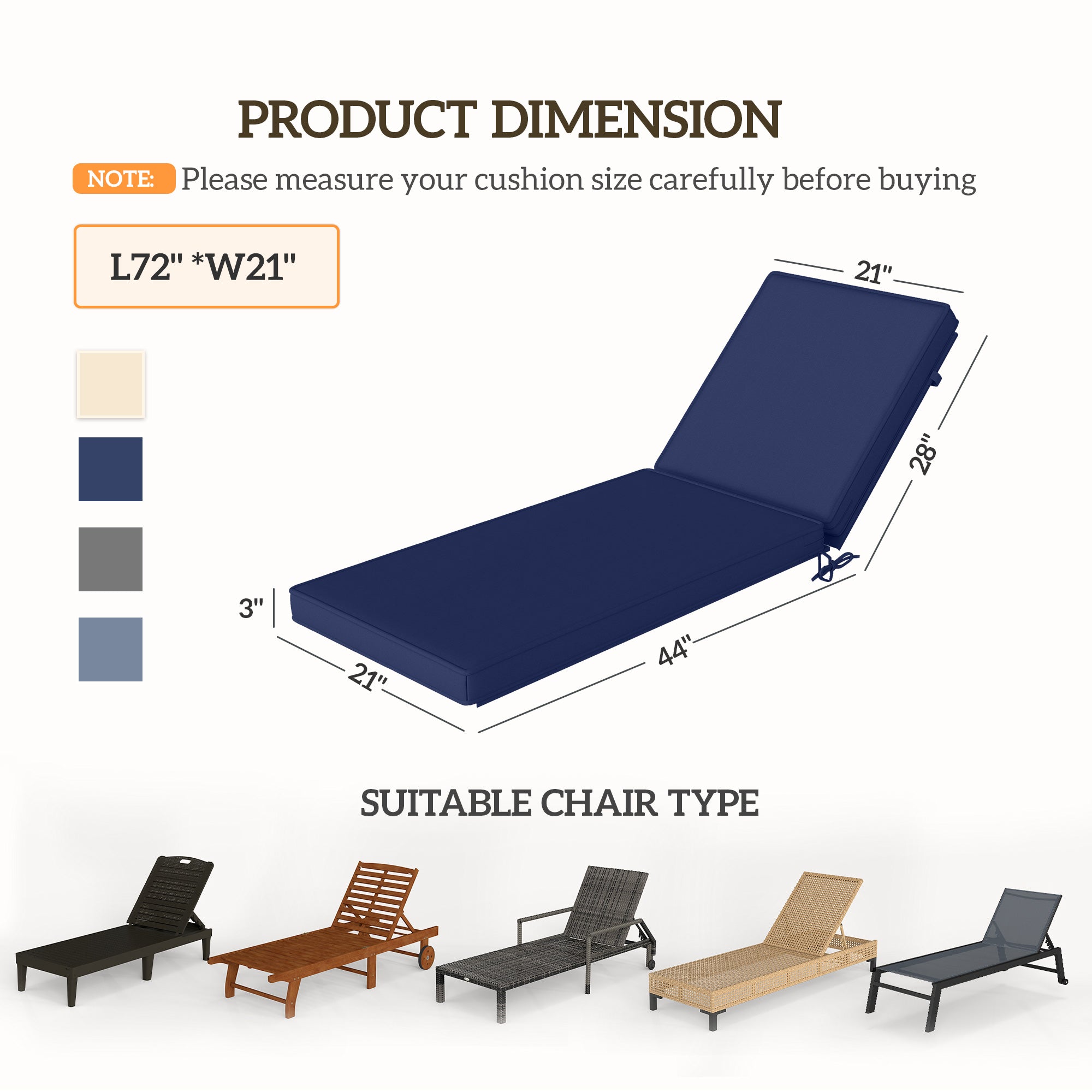 2-Piece Patio Chair Cushions with Backrests, Replacement Cushions for Outdoor Lounge Chair, Navy