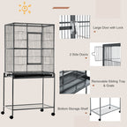 30" Rolling Metal Bird Cage Feeder with Detachable Rolling Stand, Storage Shelf, Wood Perch & Food Container