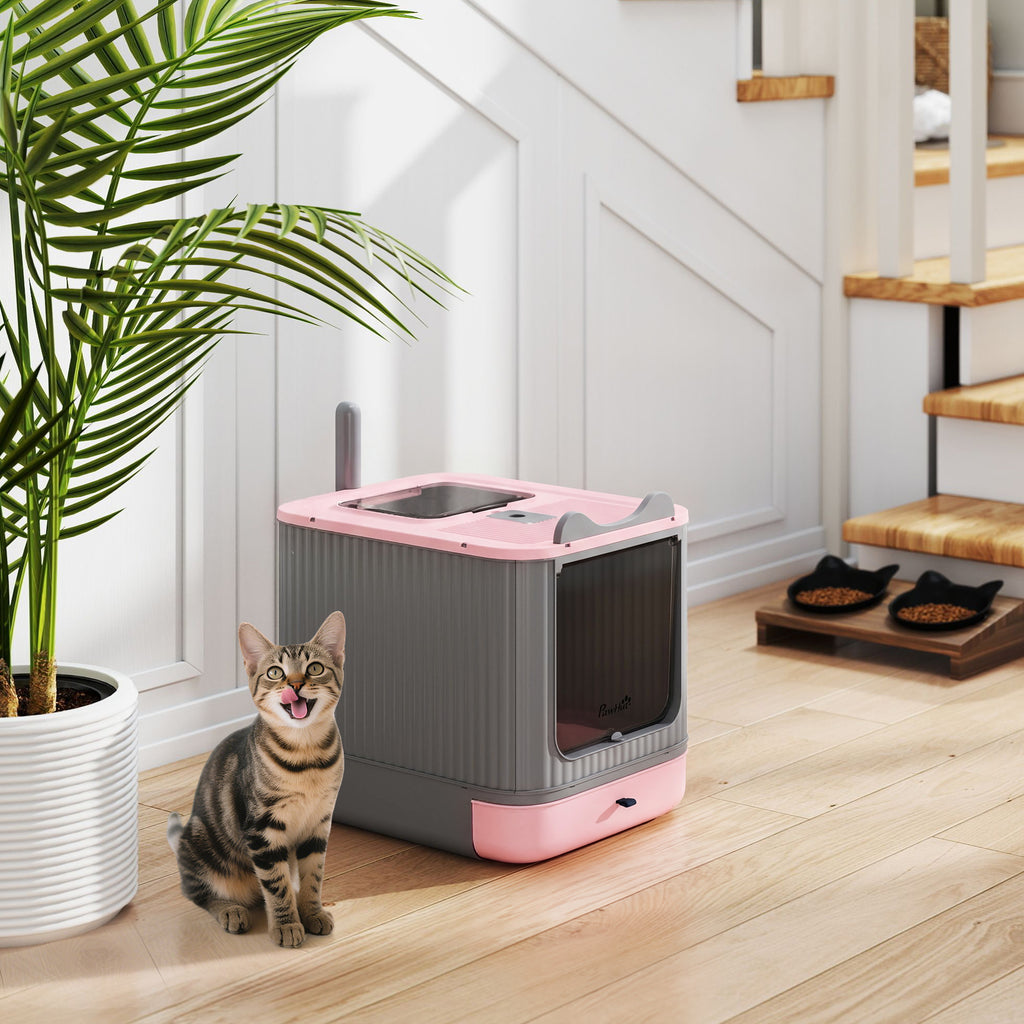 Cat Litter Box with Lid, Enclosed Litter Box for Medium Cats, Front-Entry and Top-Exit, Scoop, Deodorizer Bag, Pink