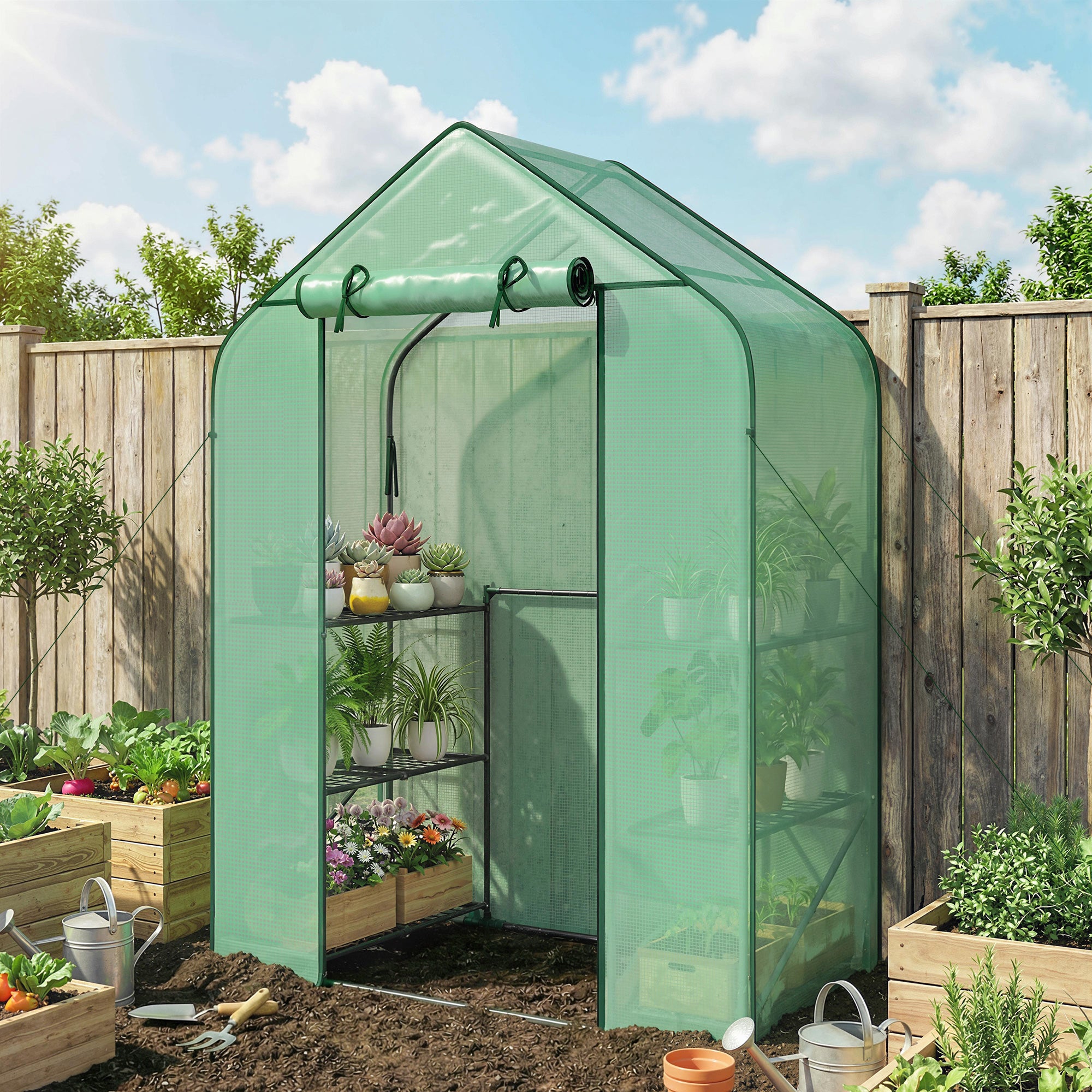 Greenhouse for Outdoors, Portable Greenhouse with 6 Shelves, UV-Resistant PE Cover, Roll-Up Door, Green
