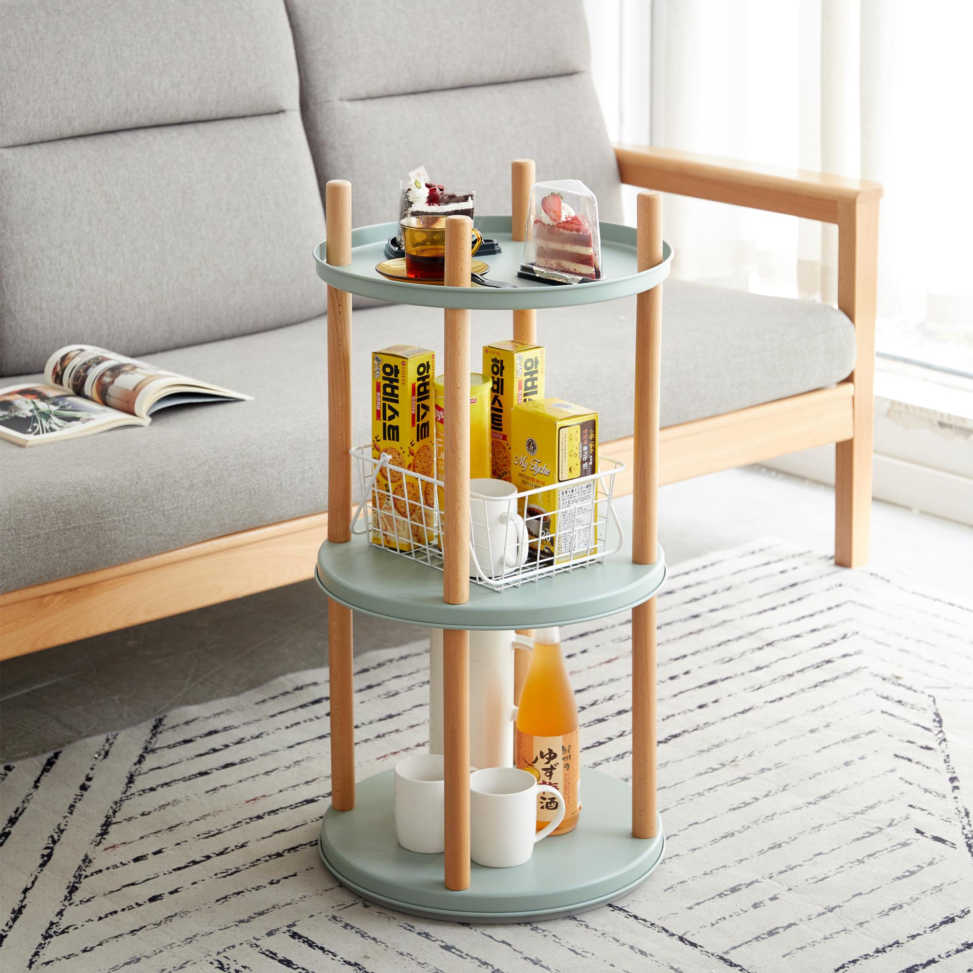 3-Tier Rotating Bookcase with Solid Beech Support Rod, Space-Saving Bookshelf with 6 Bookends, 16.5″ L x 16.5″ W x 33″ H, Blue