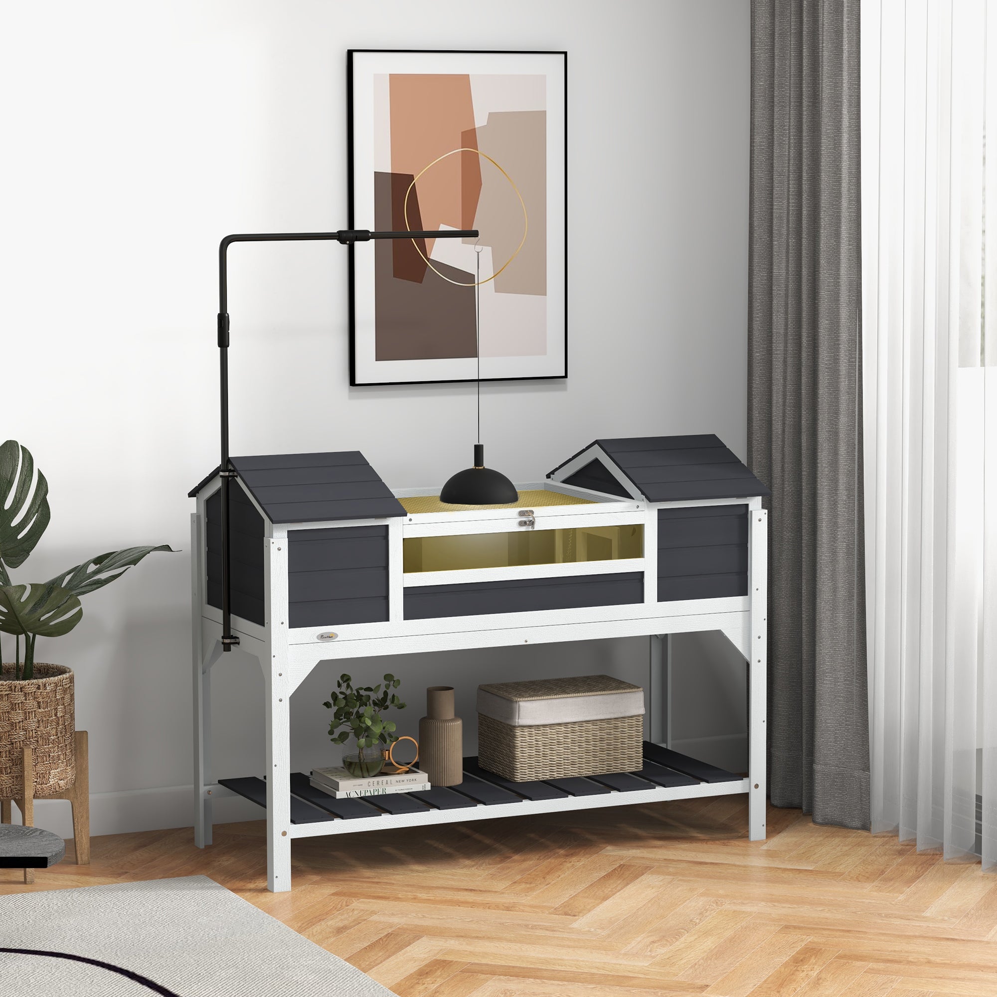 Tortoise Enclosure Tortoise House with Adjustable Lamp Holder Storage Shelf, Dual Main Houses, Openable Lid, Gray