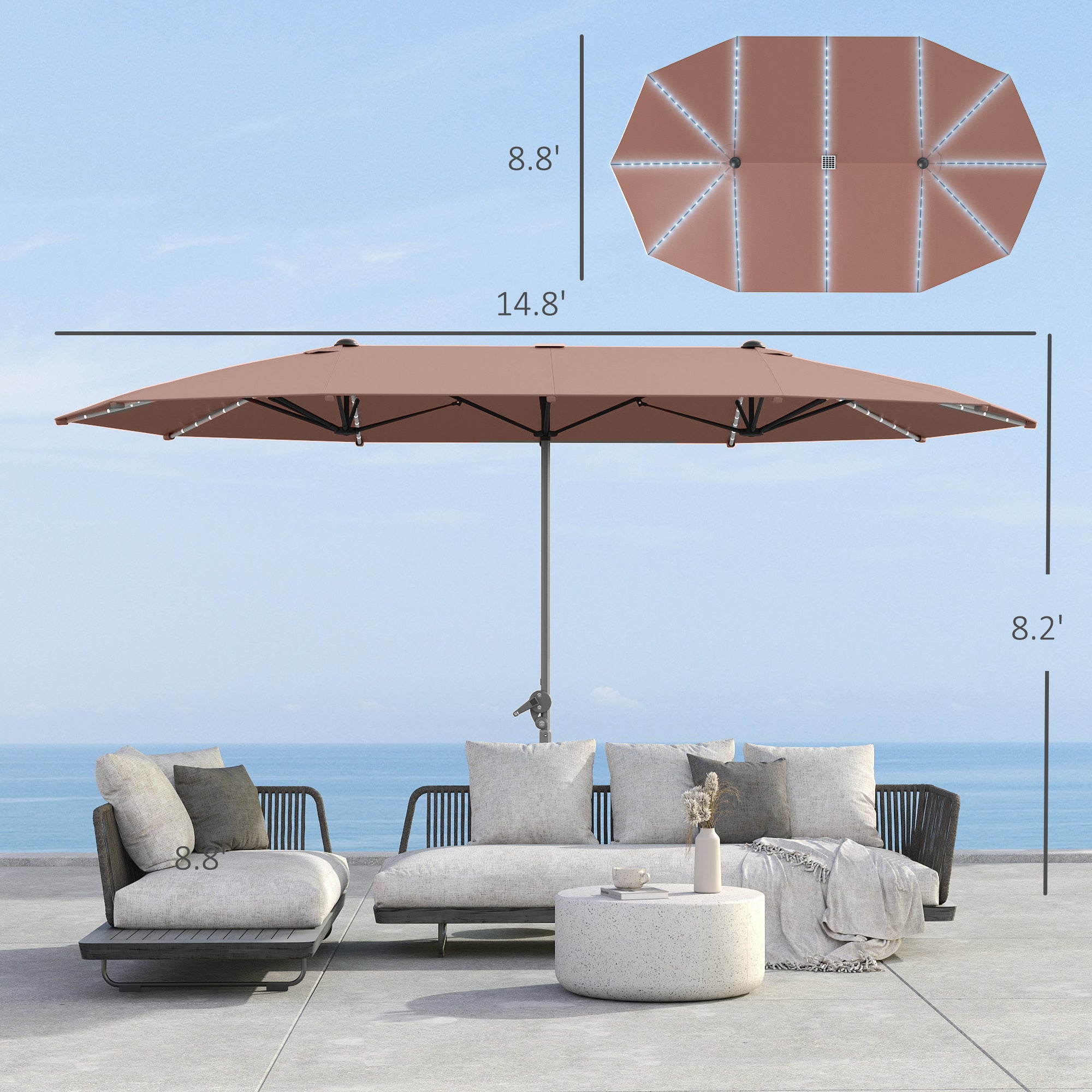 15ft Double-Sided Outdoor Umbrella with Solar Lights, UPF50+ Extra Large Aluminum Patio Umbrella with Crank, Tan