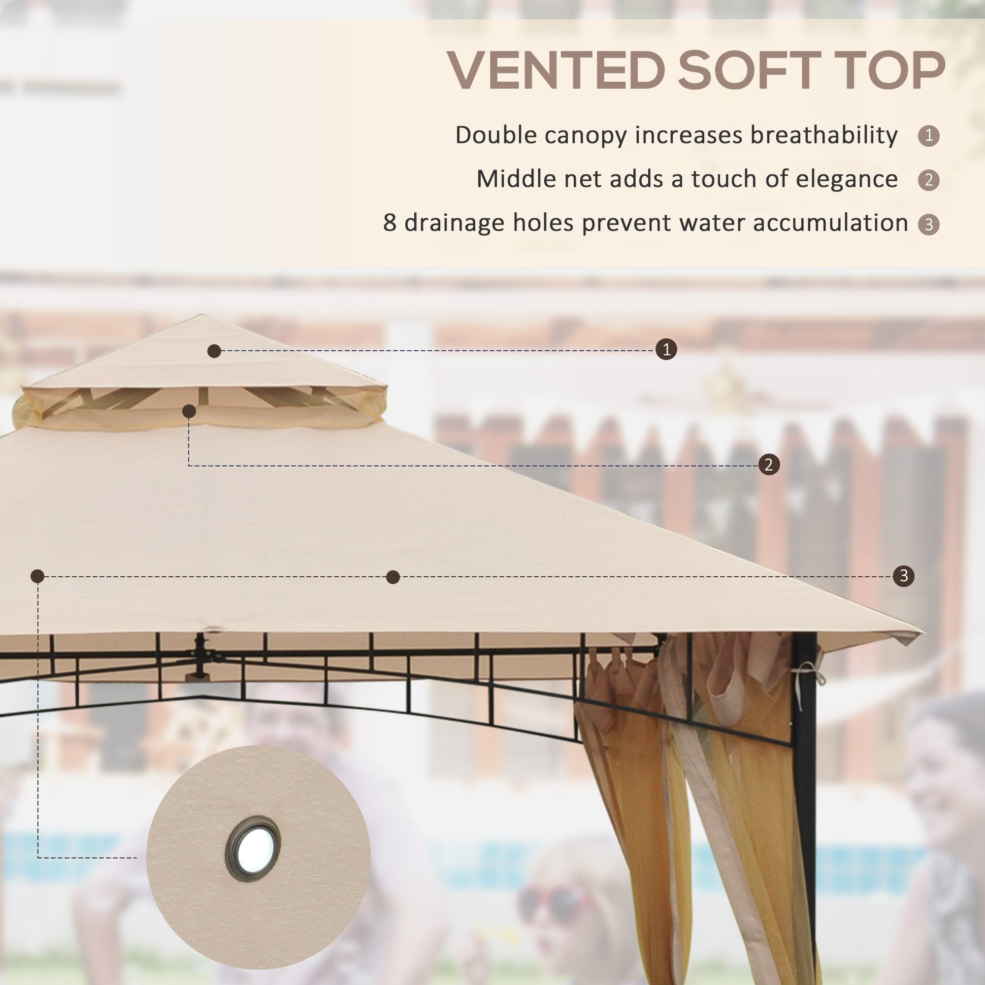 10' x 10' Outdoor Patio Gazebo Canopy Tent with Mesh Sidewalls, 2-Tier Canopy for Backyard, Beige