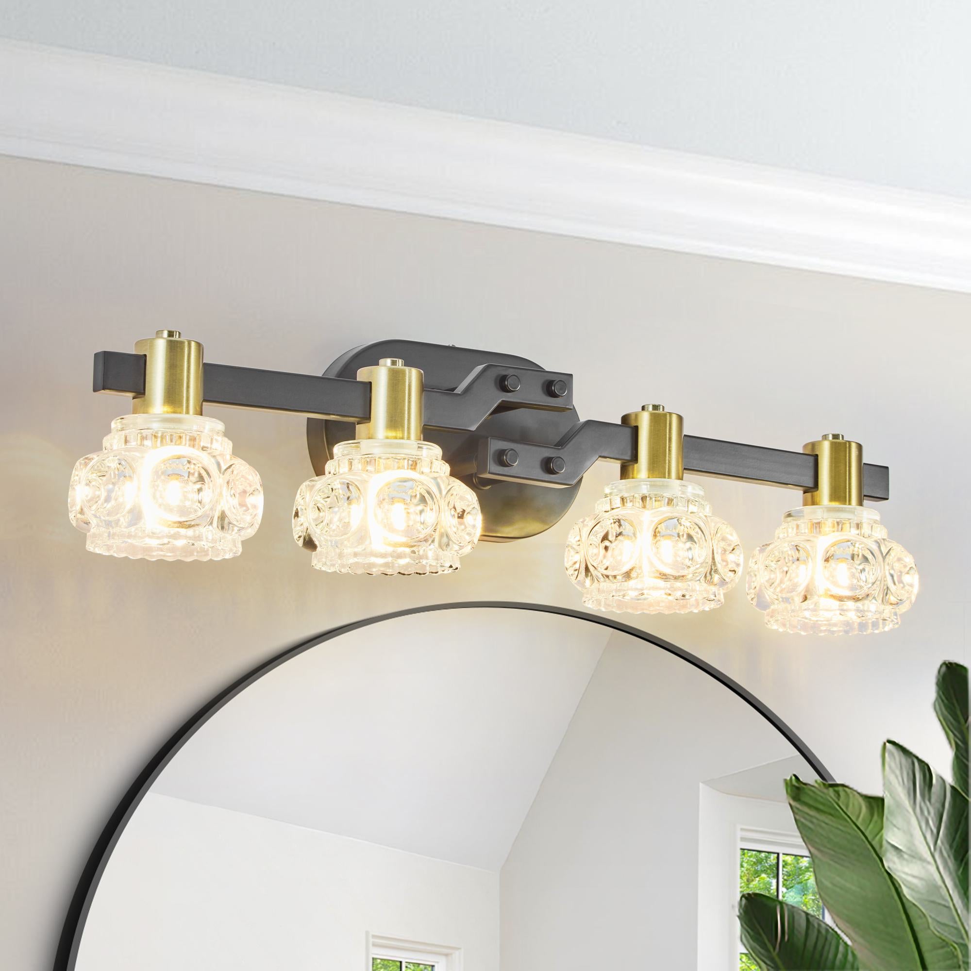 23.5" Vintage 4-Light Wall Sconce with Crystal Shades, Iron Finish, Vanity Light Fixture for Bathroom, Hallway, 23.5" L x 5.5" W x 5" H, Black+Gold