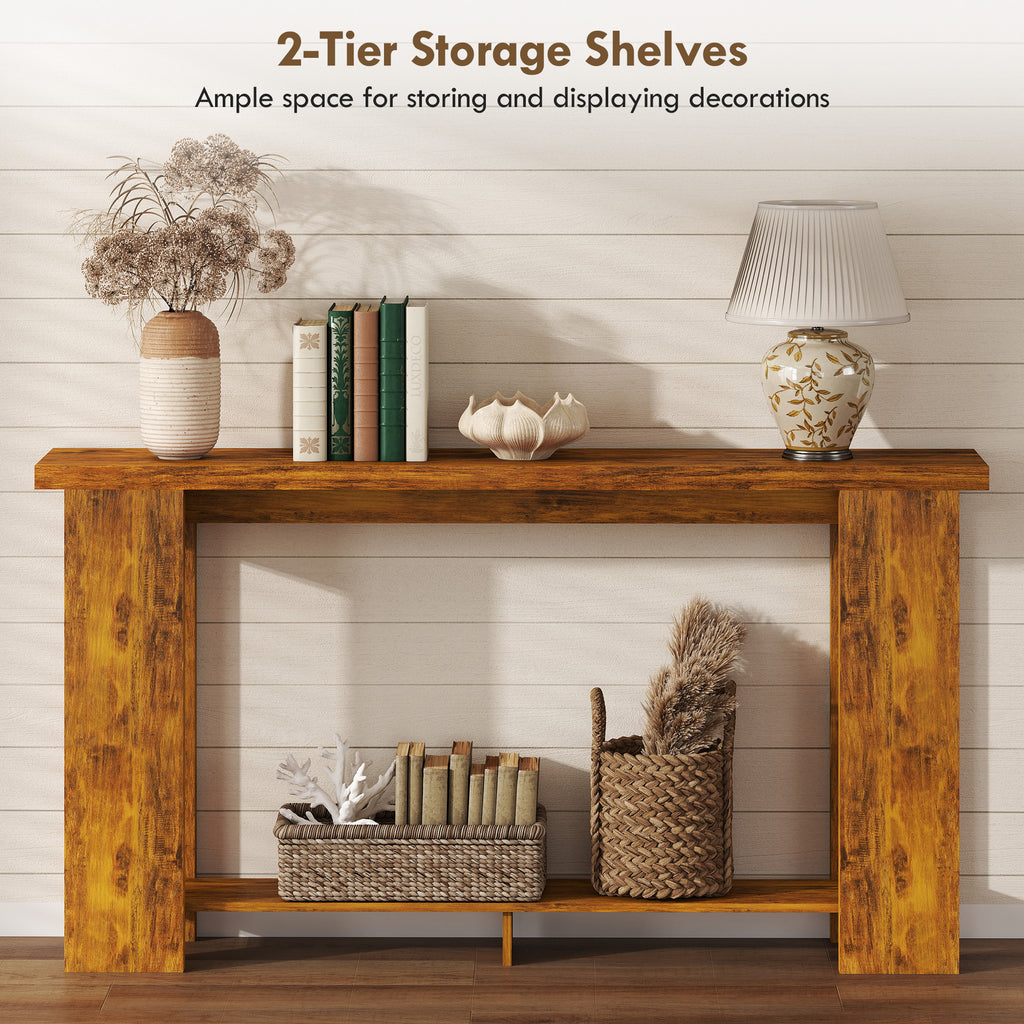 Farmhouse Console Table, 63" Narrow Entryway Table with Thickened Tabletop for Living Room, Hallway, Distressed Brown