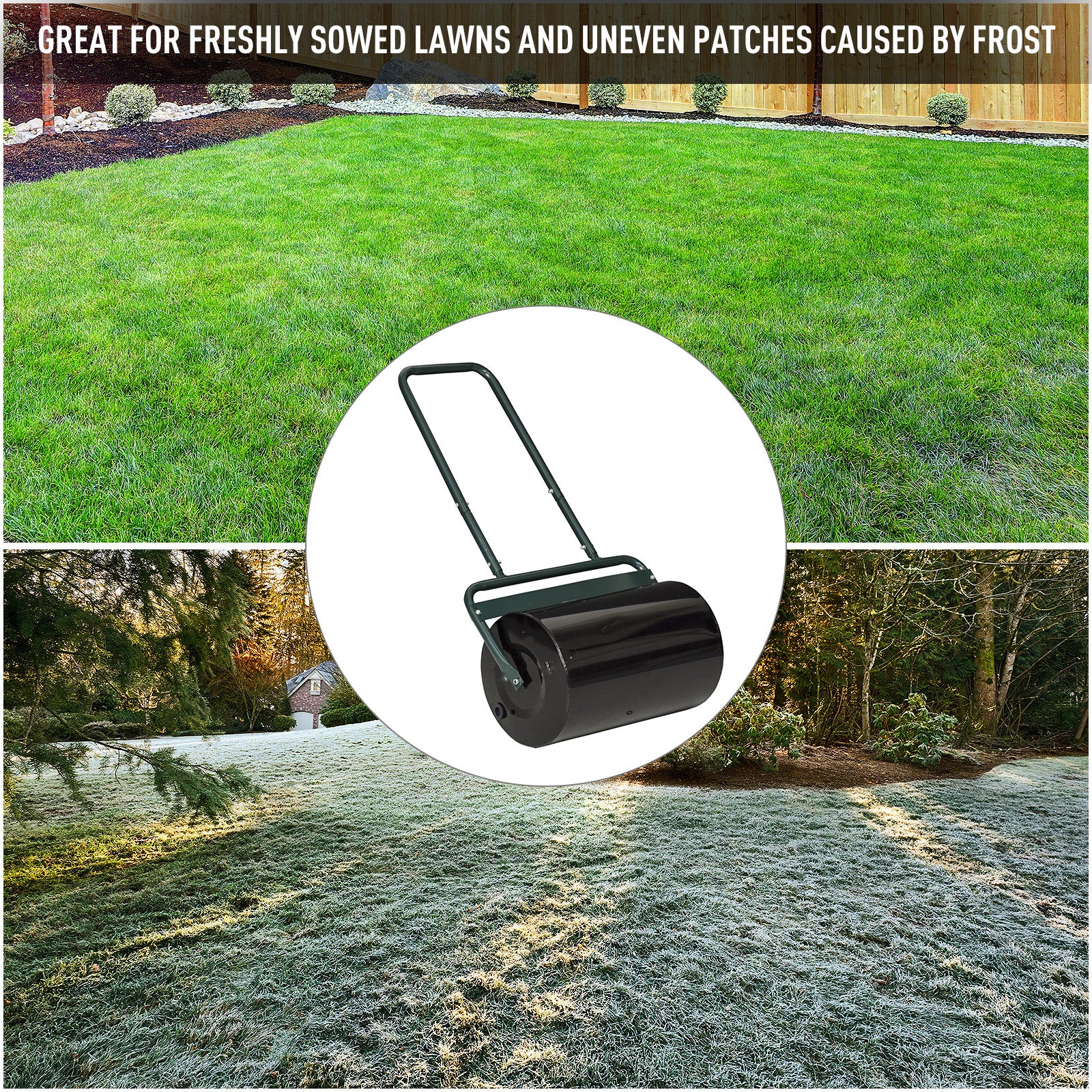 20-Inch Push/Tow Behind Lawn Roller Filled with 10 Gal Water or Sand for Flattening Sod in the Garden, Dark Green
