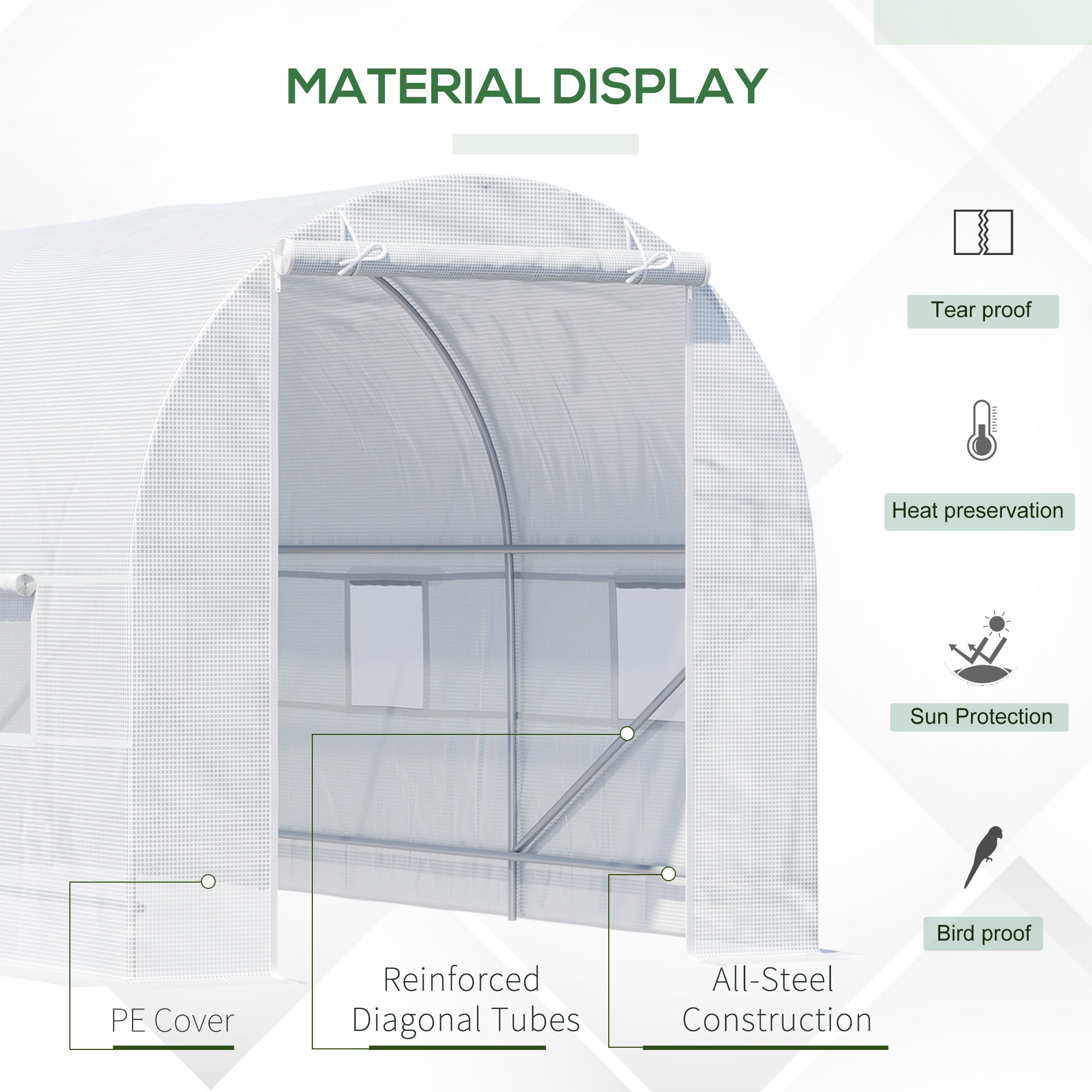 15' x 7' x 7' Walk-In Tunnel Greenhouse, Large Garden Hot House Kit with 6 Roll-up Windows & Roll Up Door, Steel Frame, White