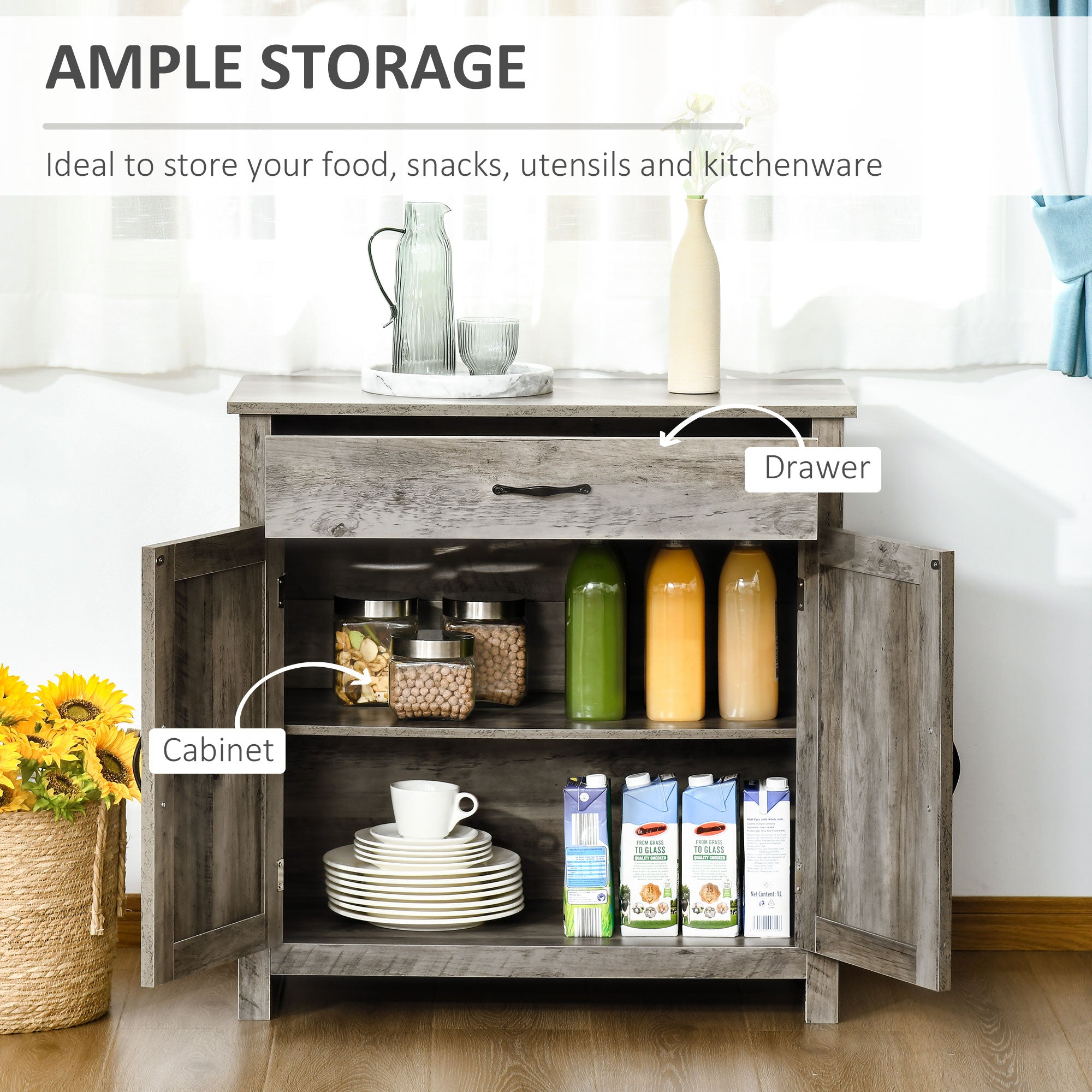 Farmhouse Sideboard Buffet Cabinet, Barn Door Coffee Bar Cabinet with Drawer and Adjustable Shelf for Kitchen, Living Room, Entryway, Gray
