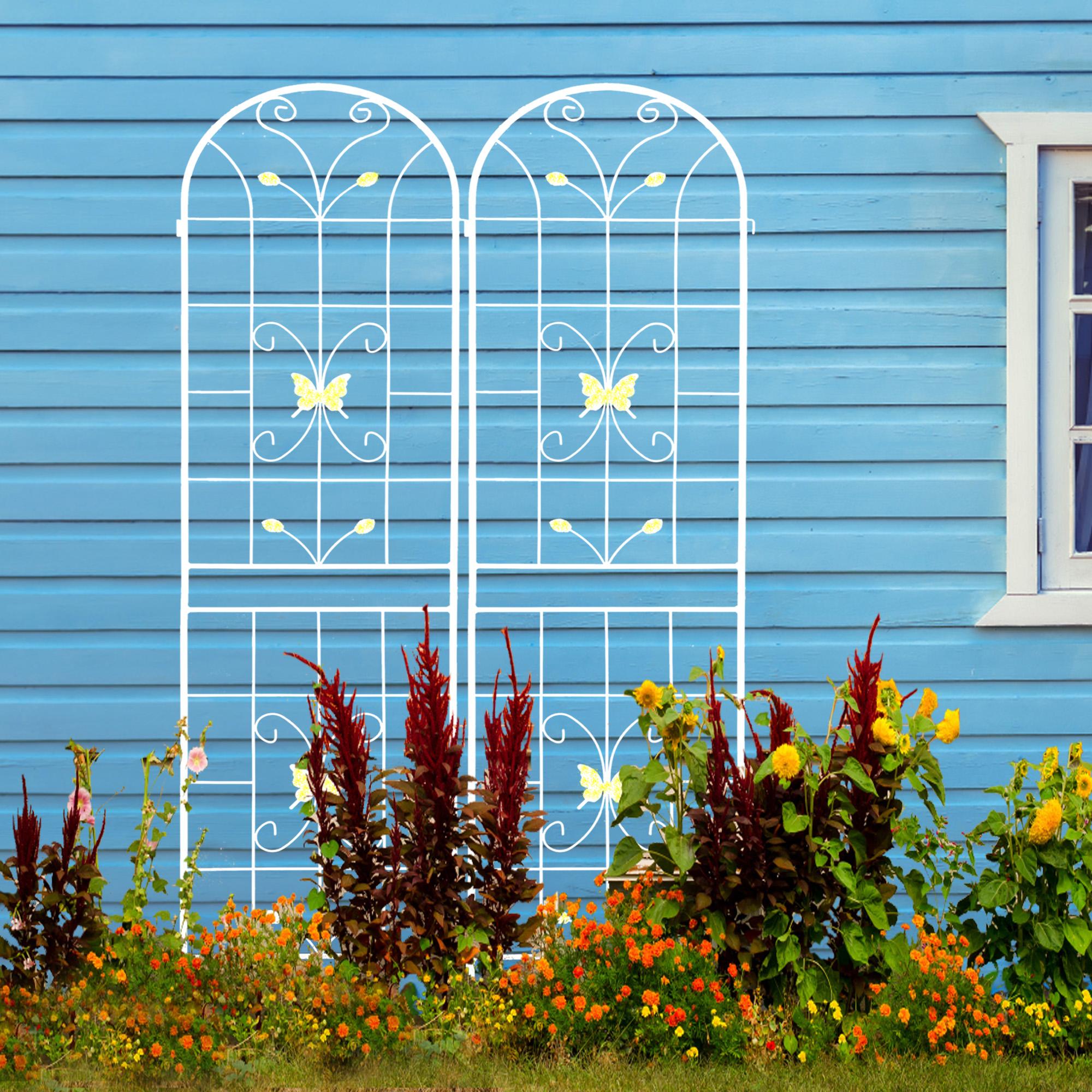 2 Pack Metal Garden Trellis with Butterfly Decoration and Powder Coated Iron, Rustproof Climbing Plant Support, for Outdoor Use, Cream White