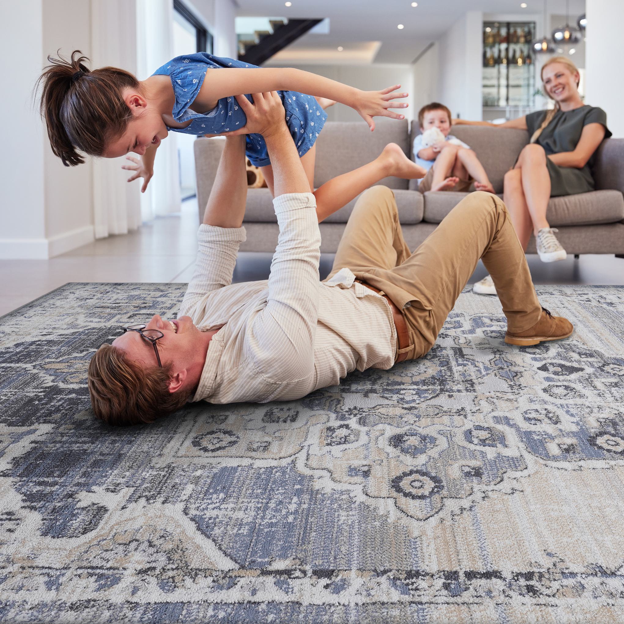 8x10 Stain-Resistant Area Rug with Cotton Backing, Medium Pile Height, Kid and Pet-Friendly Carpet, 120" L x 93" W x 0.3" H, Cream+Blue