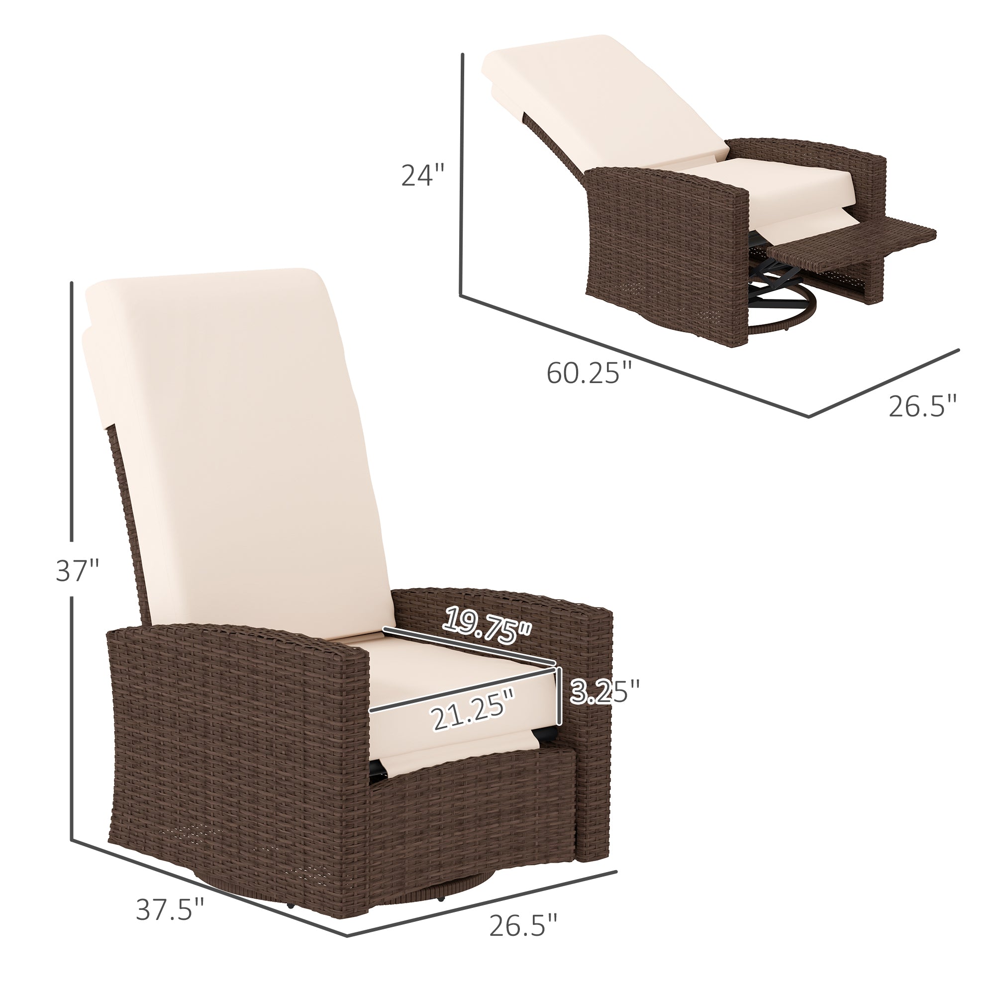 Outdoor Wicker Swivel Recliner Chair, Lifting Footrest, 360° Rotating Basic, Water-resistant Cushions, Cream White