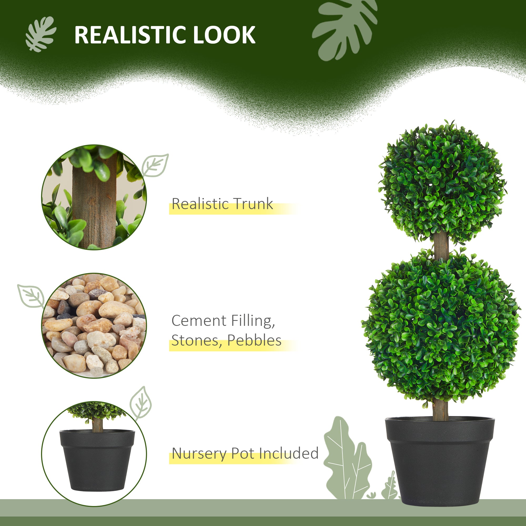 2 Pcs 23.6" Artificial Boxwood Ball Topiary Tree Set of 2 Fake Plants in Pot with Double Ball-Shaped Leaves Green
