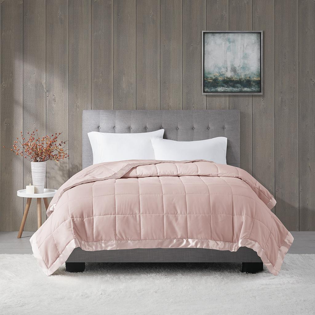 Hypoallergenic Lightweight Down Alternative Blanket with Satin Trim, OEKO-TEX Certified, Machine Washable, 108" L x 90" W x 0.25" H, Blush