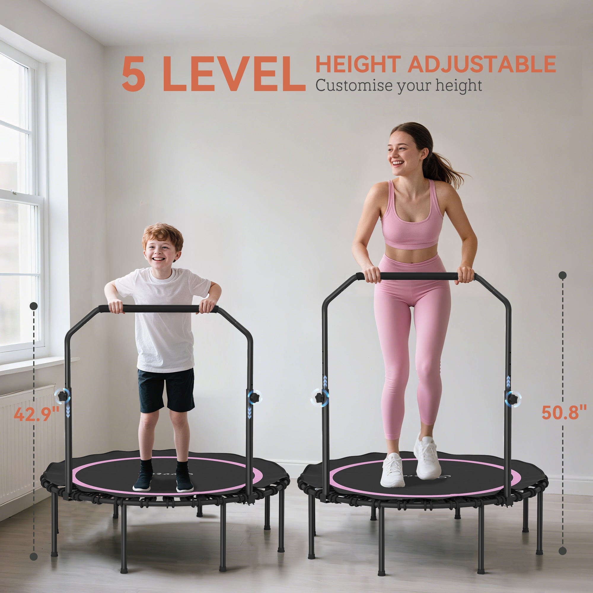 45" Rebounder Trampoline for Adults, Foldable Mini Trampoline with Adjustable Handle Bar for Indoor Outdoor, Pink