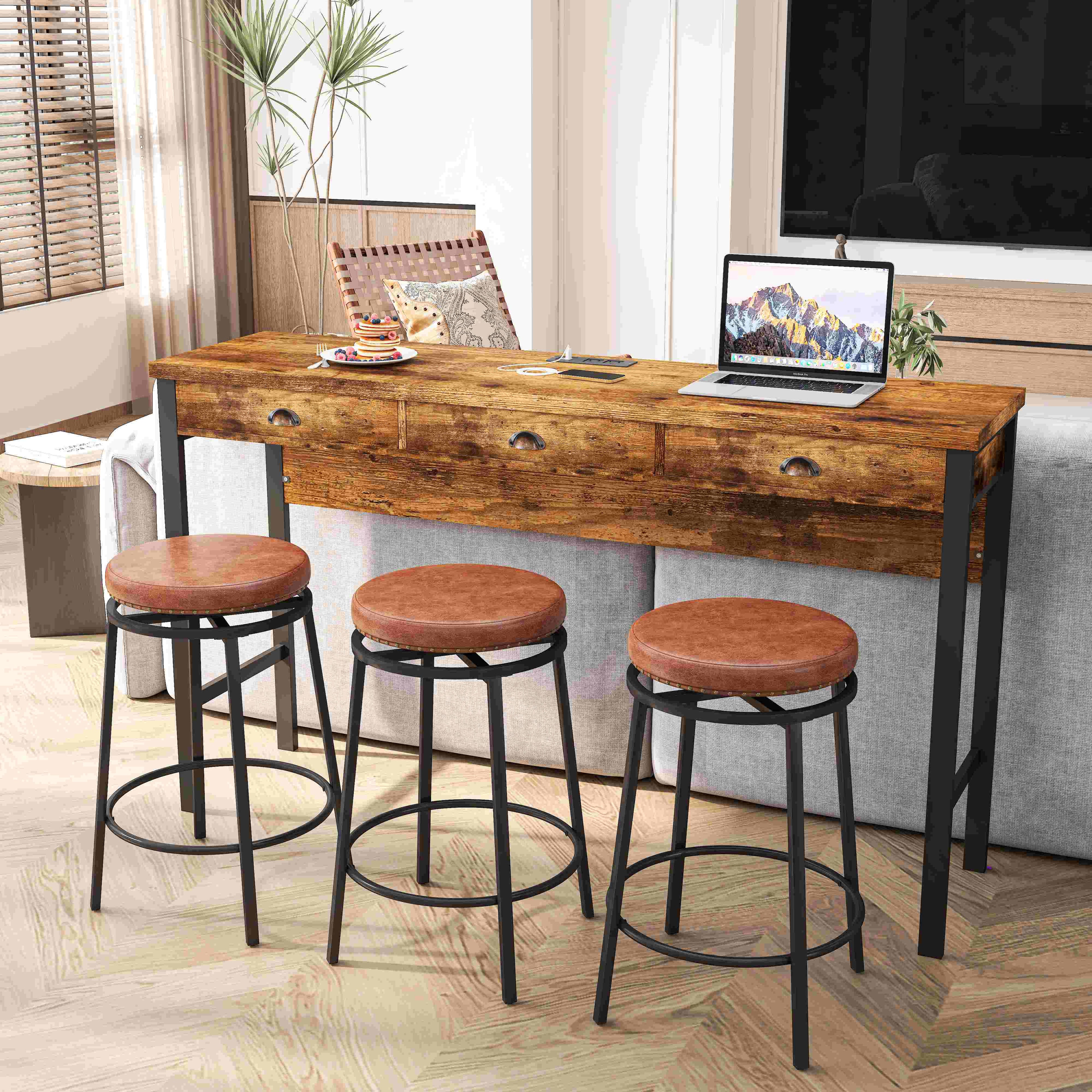 3-Drawer Long Dining Table Set with Power Outlets, Circular PU Stools, Easy Assembly, 60.24"x15.75"x35.43", Brown