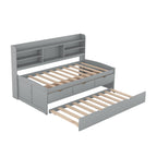 Classic Style Twin Size Wooden Captain Bed with Built-in Bookshelves, 3 Storage Drawers, and Trundle, 77.5" L x 88" W x 47" H, Grey
