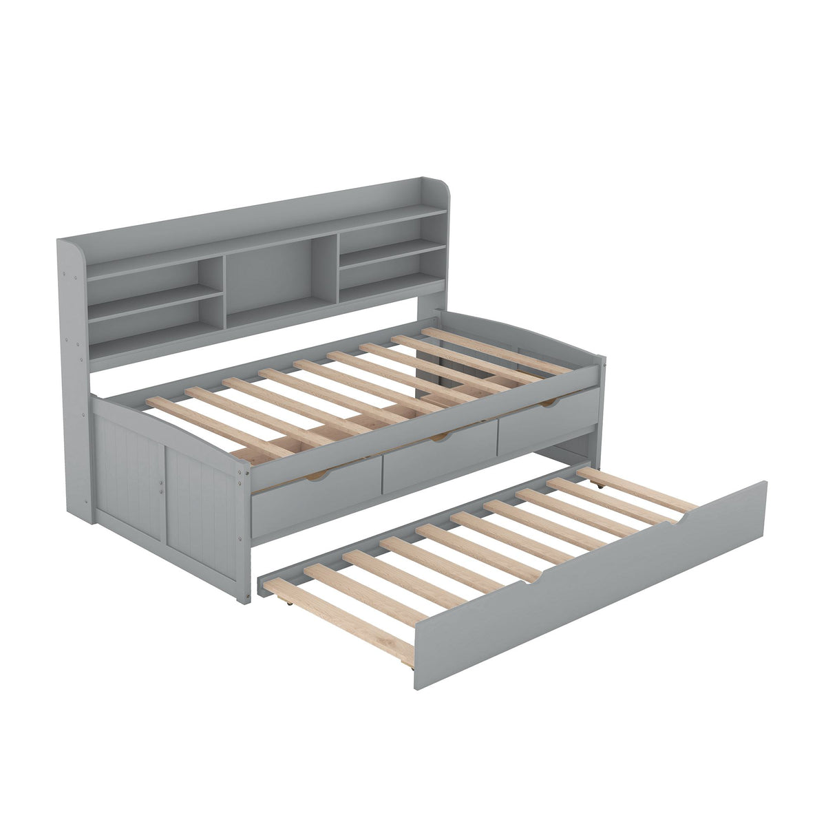Classic Style Twin Size Wooden Captain Bed with Built-in Bookshelves, 3 Storage Drawers, and Trundle, 77.5" L x 88" W x 47" H, Grey
