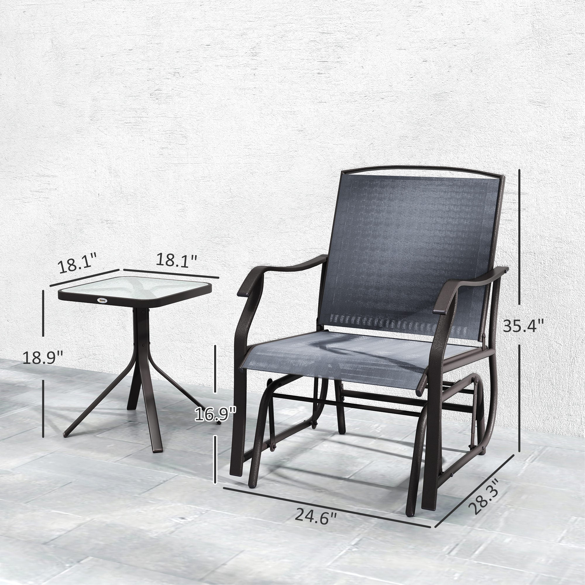 3 Piece Outdoor Glider Chair with Coffee Table Bistro Set, 2 Patio Rocking Swing Chairs with Breathable Sling Fabric, Glass Tabletop, for Backyard, Garden and Porch, Gray