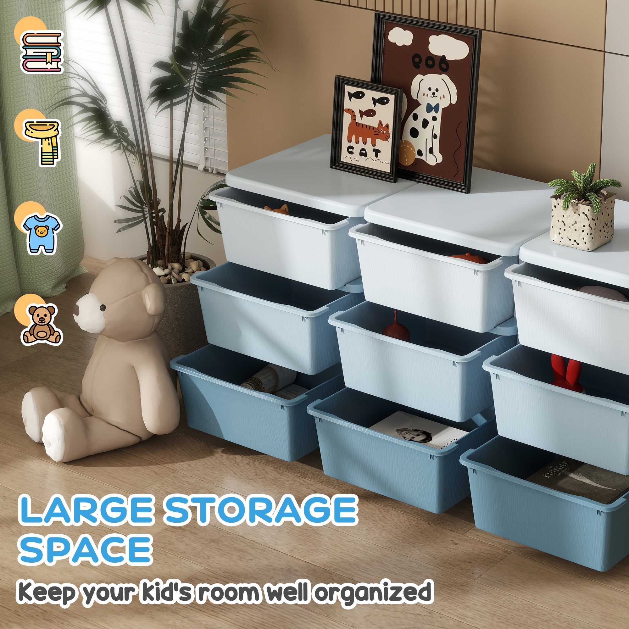 29.5" 3 Tier Kids Storage Unit Dresser Tower w/ 9 Drawers, Blue