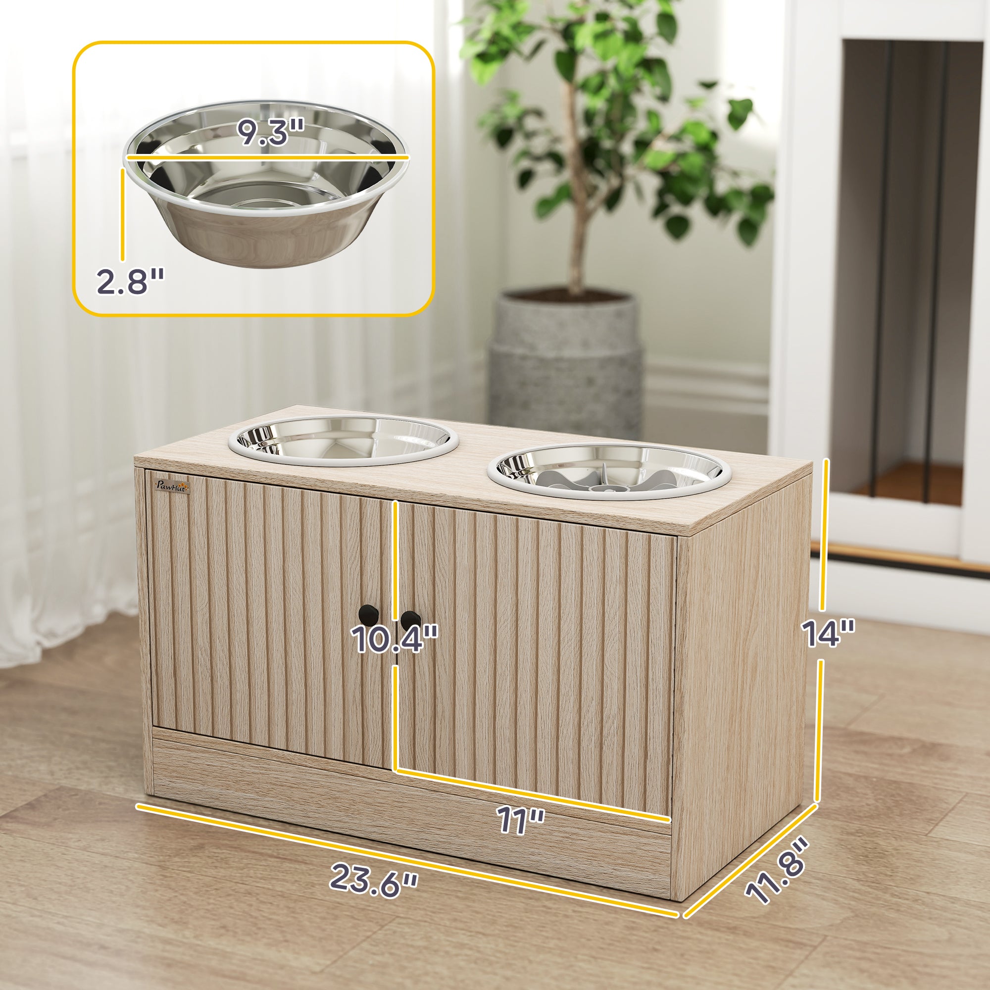 Elevated Dog Bowls with Storage Cabinet, 2 Stainless Steel Bowls, Slow Feeder, Dog Feeding Station for Large Dogs, Oak
