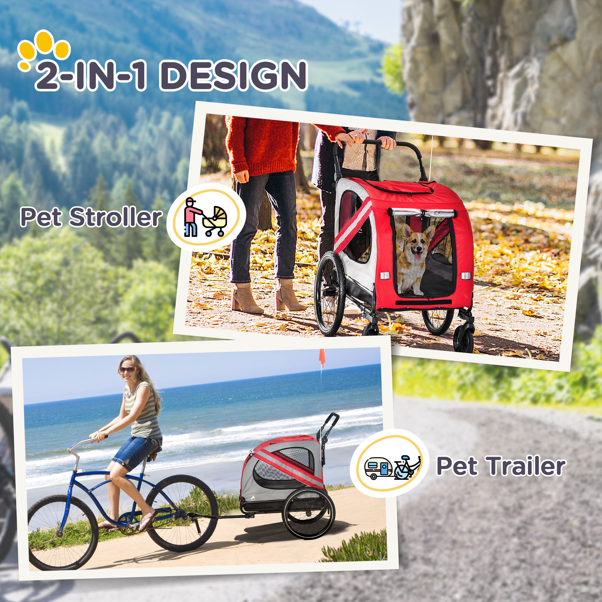 2-in-1 Pet Bike Trailer for Small Medium Dogs, Road-Visibility Dog Stroller Bicycle Carrier, Weather-Strong Bike Wagon Trailer Sidecar Attachment, Red