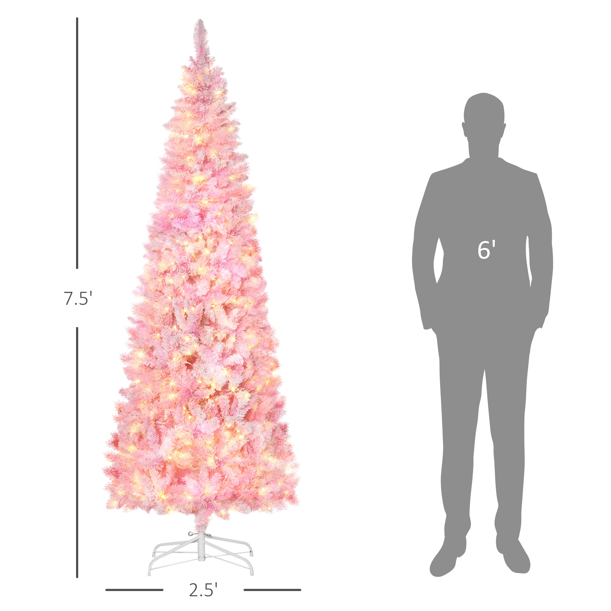 7.5ft Prelit Snow Flocked Artificial Christmas Tree with Pencil Shape, Pine Realistic Branches, Warm White LED lights, Auto Open, Pink and White