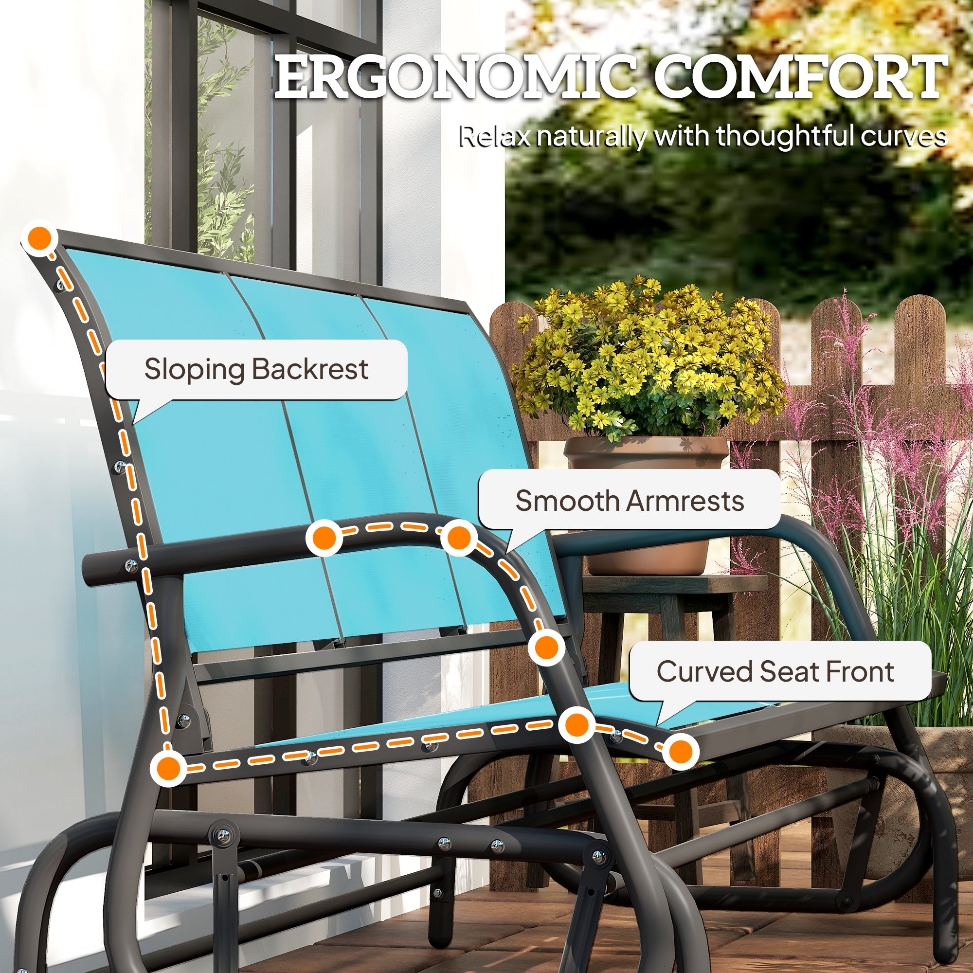 3-Person Outdoor Patio Glider Bench, Porch Glider Swing with 3 Seats, Breathable Mesh Fabric, Metal Frame, Blue
