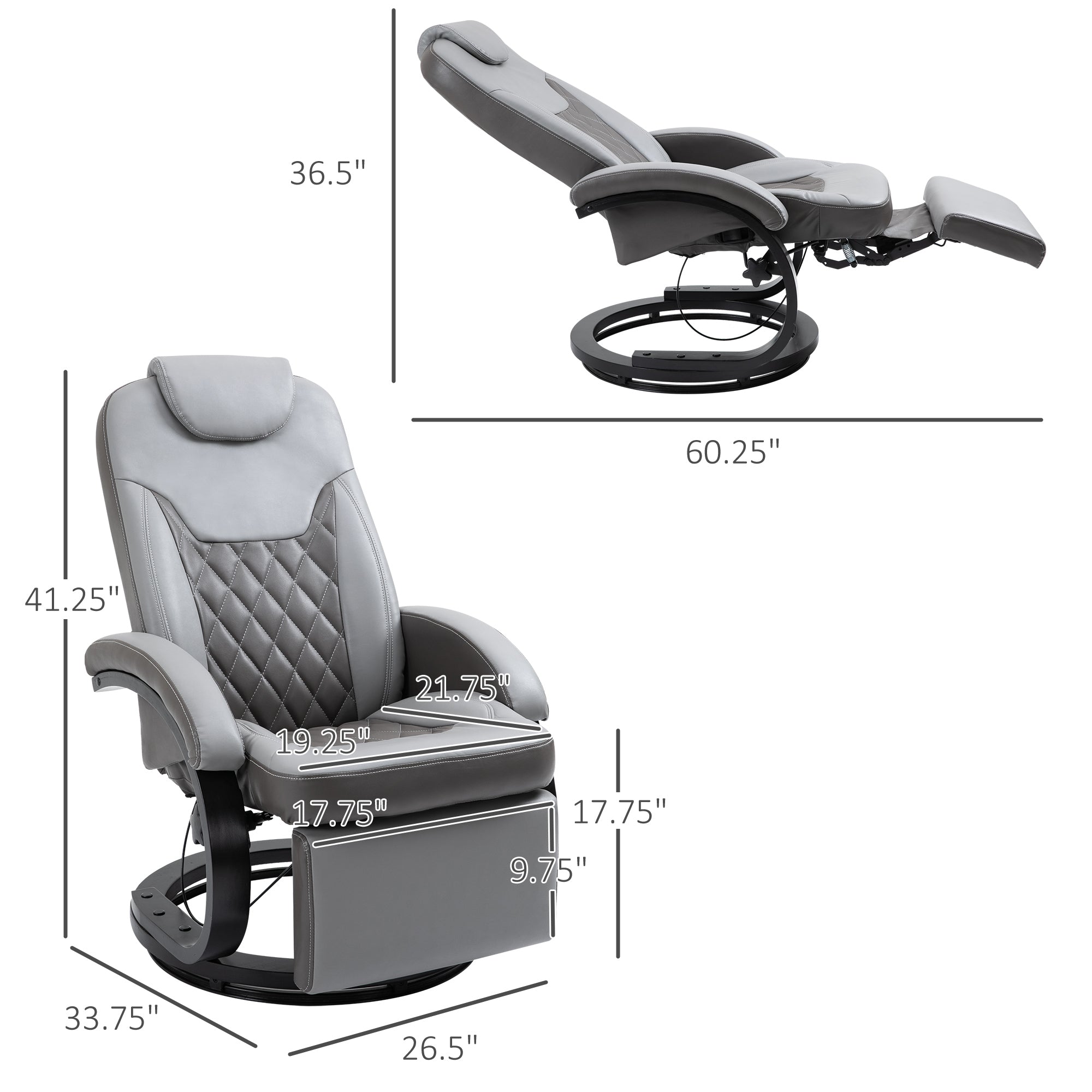 Faux Leather Manual Recliner, Adjustable Swivel Lounge Chair, Armchair with Footrest and Round Base for Living Room, Gray