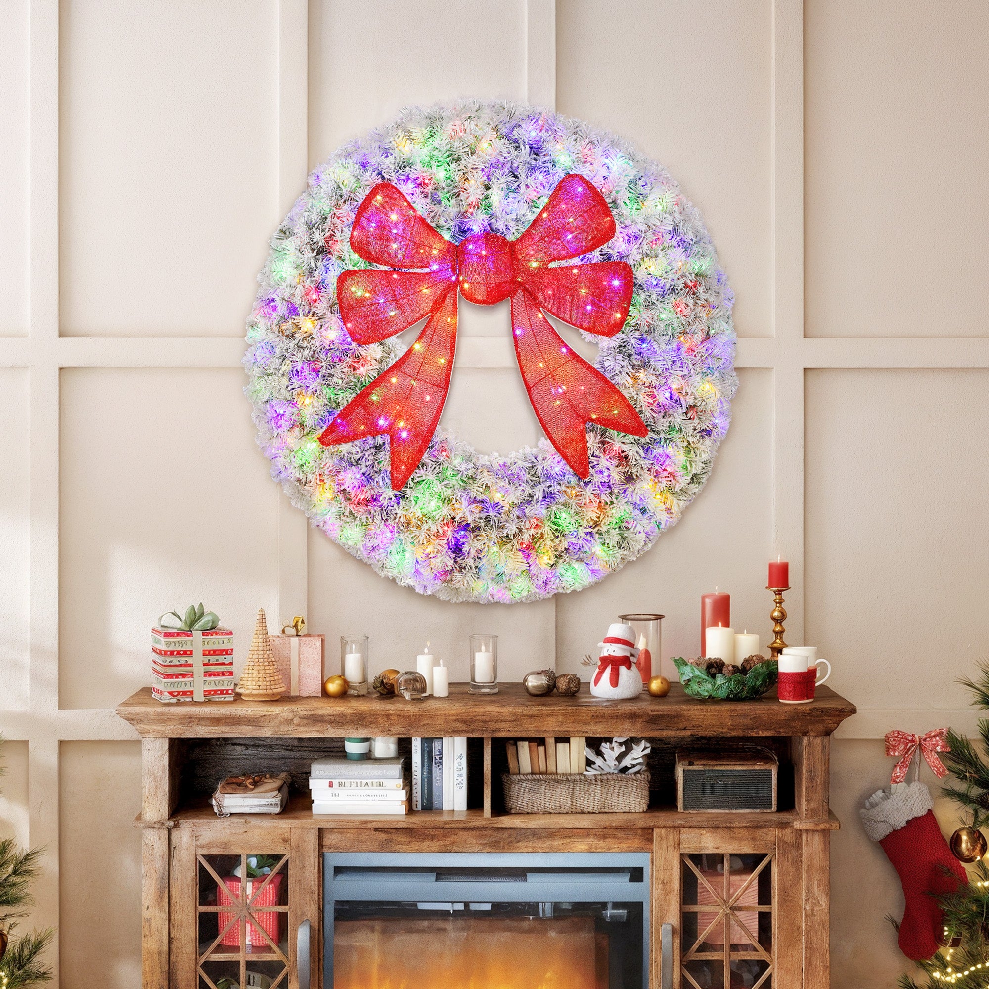 48in Flocked Pre-Lit Christmas Wreath with 3D Red Bow, 11 Lighting Modes, Front Door Christmas Wreath with Remote