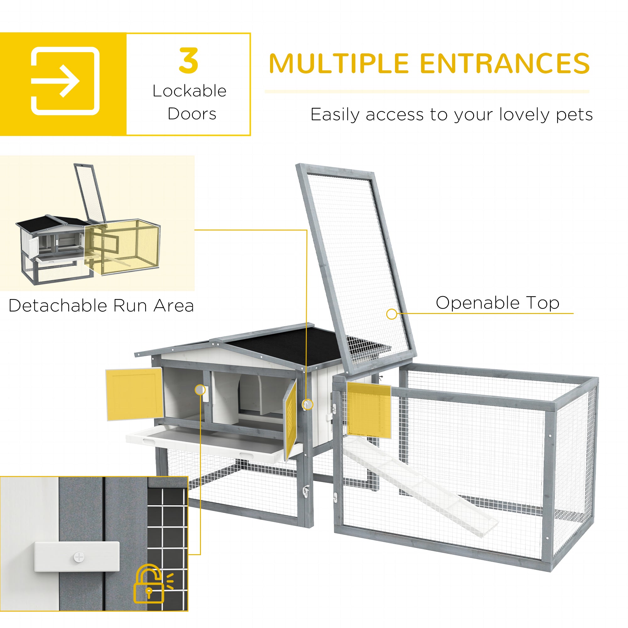 Large Rabbit Cage Outdoor 61"L Guinea Pig Hutch w/ Run Feeding Trough Removable Tray Ramp Asphalt Roof, White