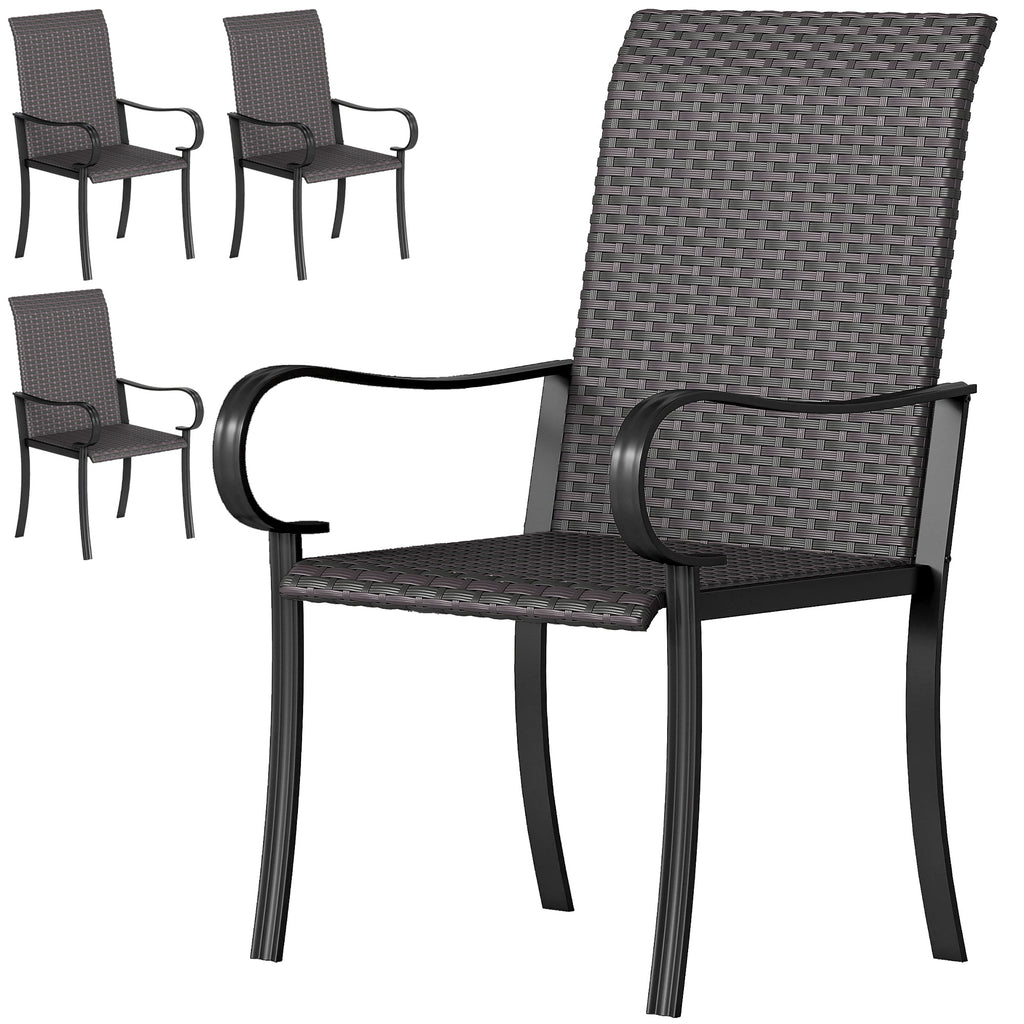 Set of 4 Outdoor Wicker Dining Chairs with Armrest, Steel Frame, Highback and Deep Seating, Brown