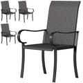 Set of 4 Outdoor Wicker Dining Chairs with Armrest, Steel Frame, Highback and Deep Seating, Brown