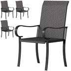 Set of 4 Outdoor Wicker Dining Chairs with Armrest, Steel Frame, Highback and Deep Seating, Brown