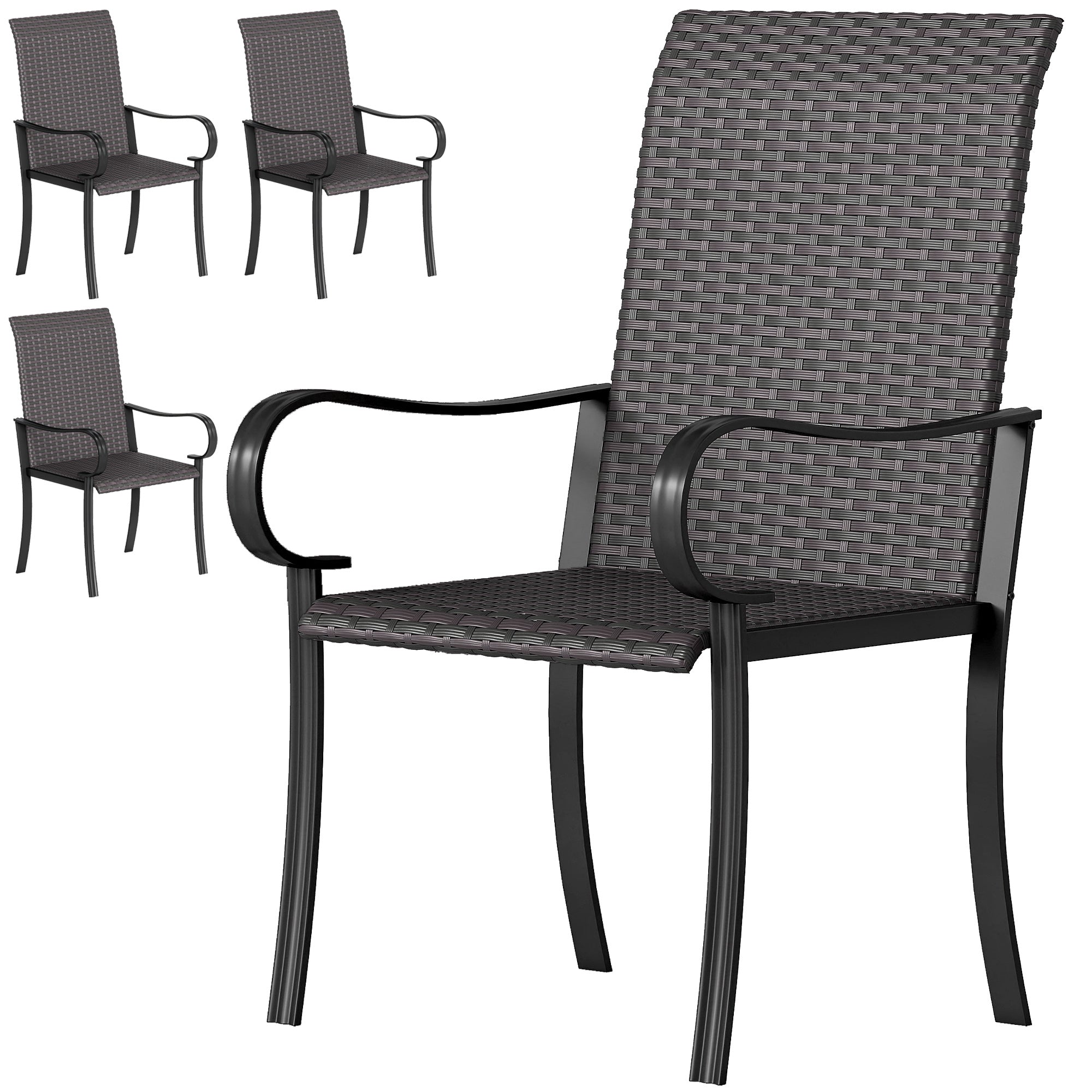 Set of 4 Outdoor Wicker Dining Chairs with Armrest, Steel Frame, Highback and Deep Seating, Brown