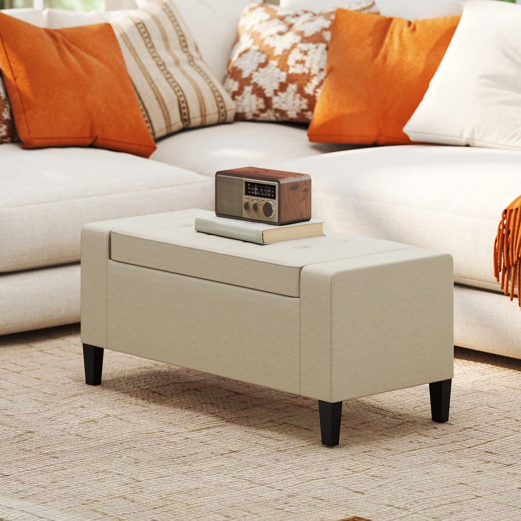 36" Ottoman with Storage, Storage Ottoman Bench with Lift Top and Rubberwood Legs, Linen Upholstered Entryway Seat with for Living Room, Bedroom, Holds up to 330 lb, Beige
